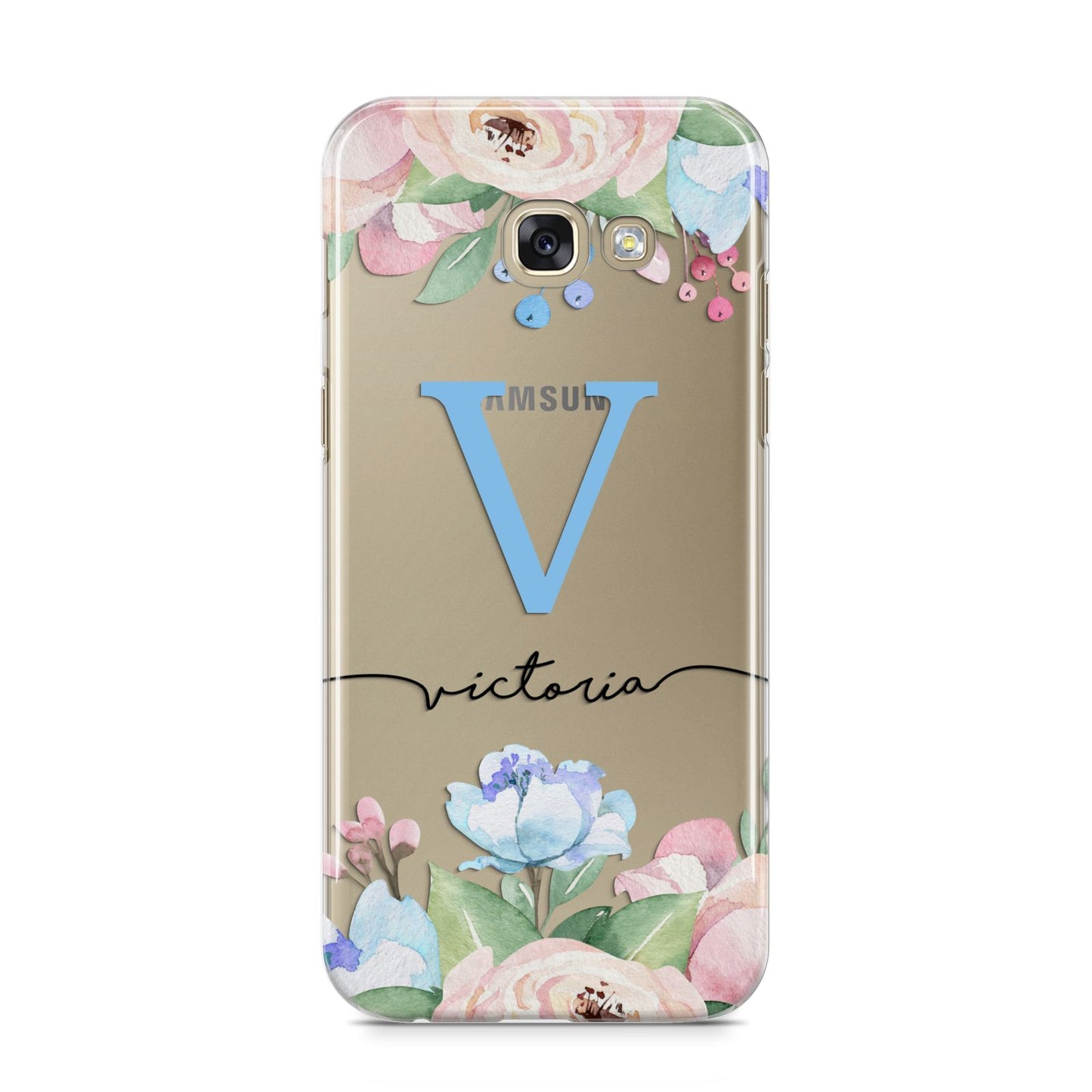 Personalised Pink Blue Flowers Samsung Galaxy A5 2017 Case on gold phone
