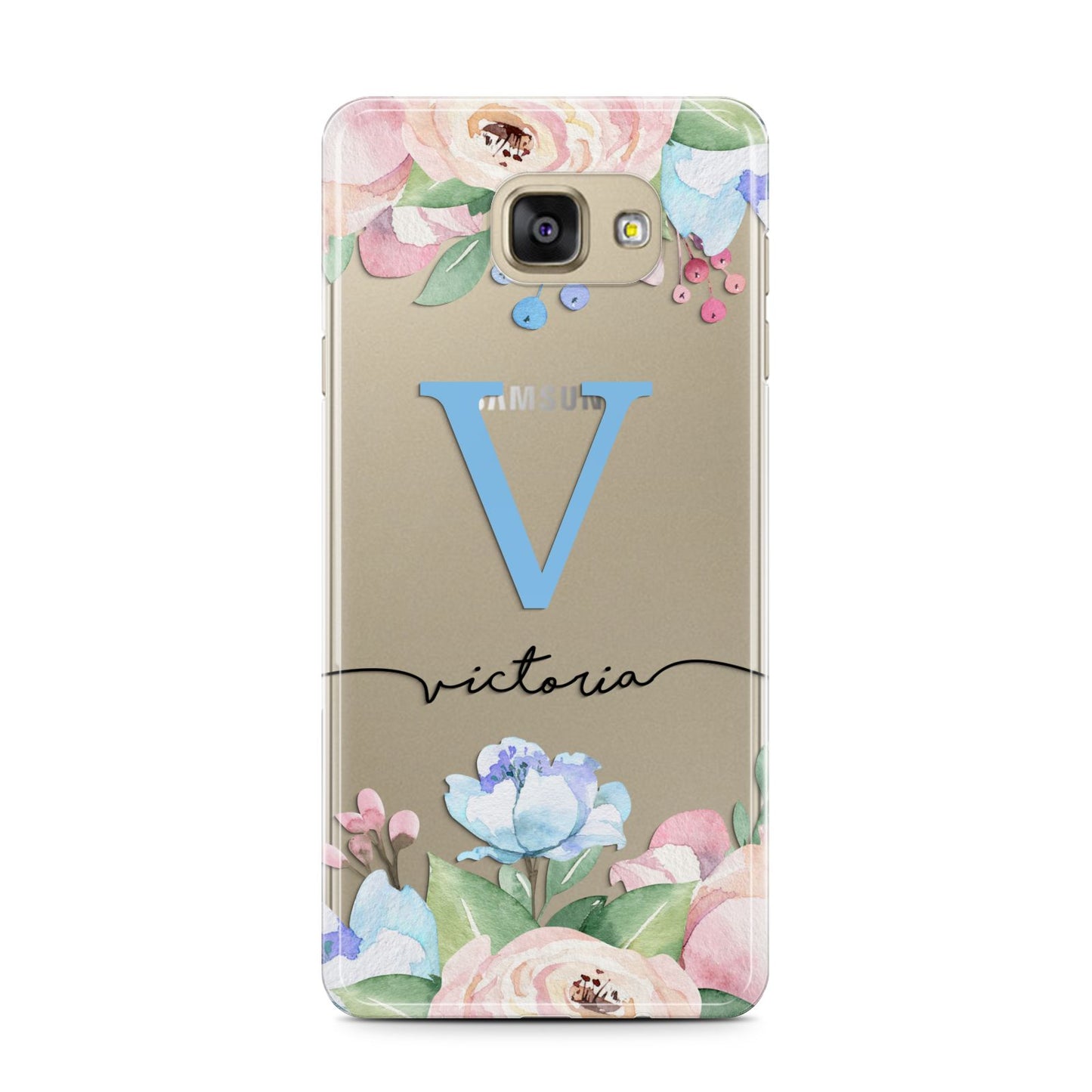 Personalised Pink Blue Flowers Samsung Galaxy A7 2016 Case on gold phone