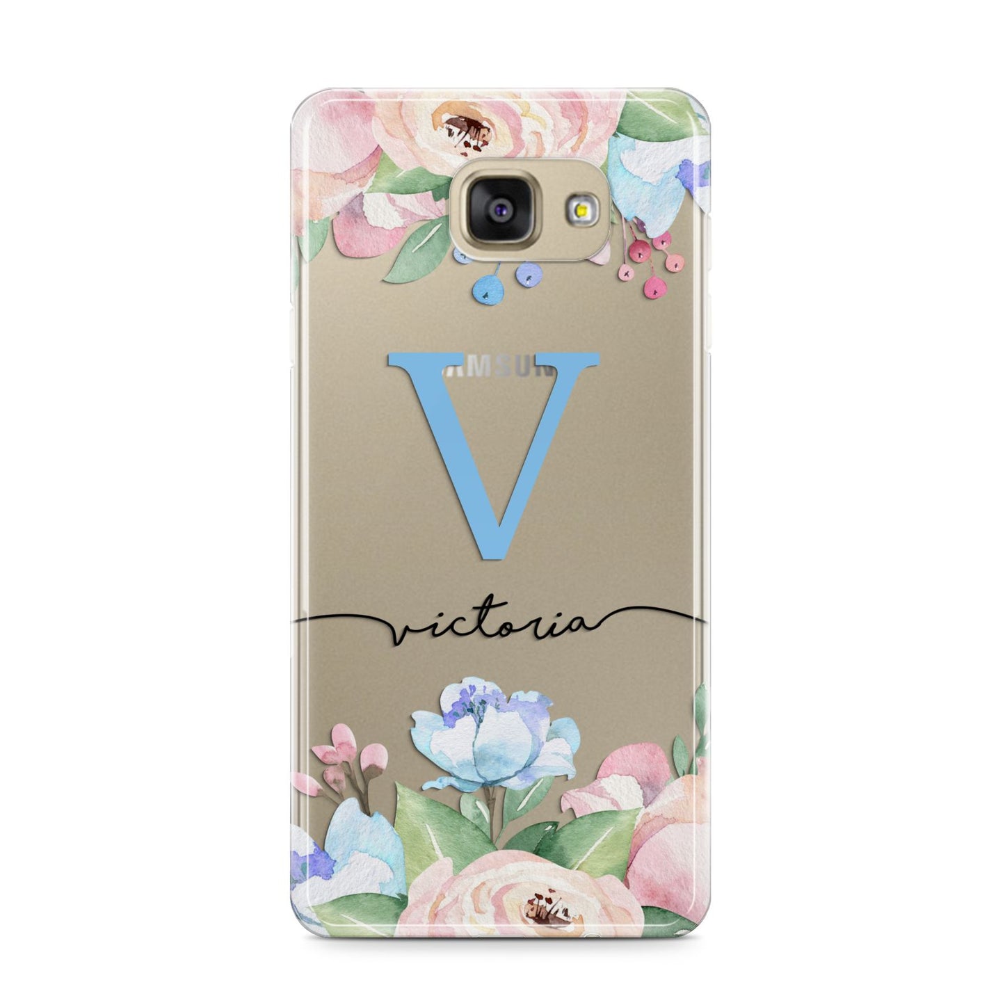 Personalised Pink Blue Flowers Samsung Galaxy A9 2016 Case on gold phone