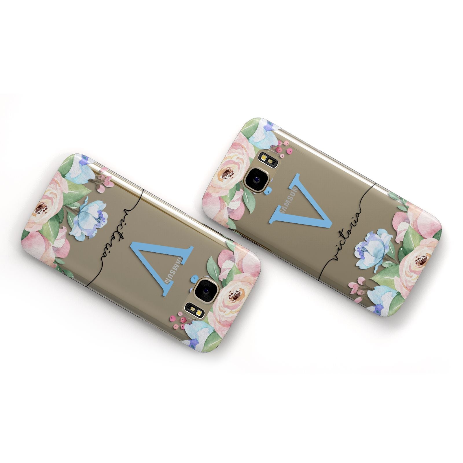 Personalised Pink Blue Flowers Samsung Galaxy Case Flat Overview