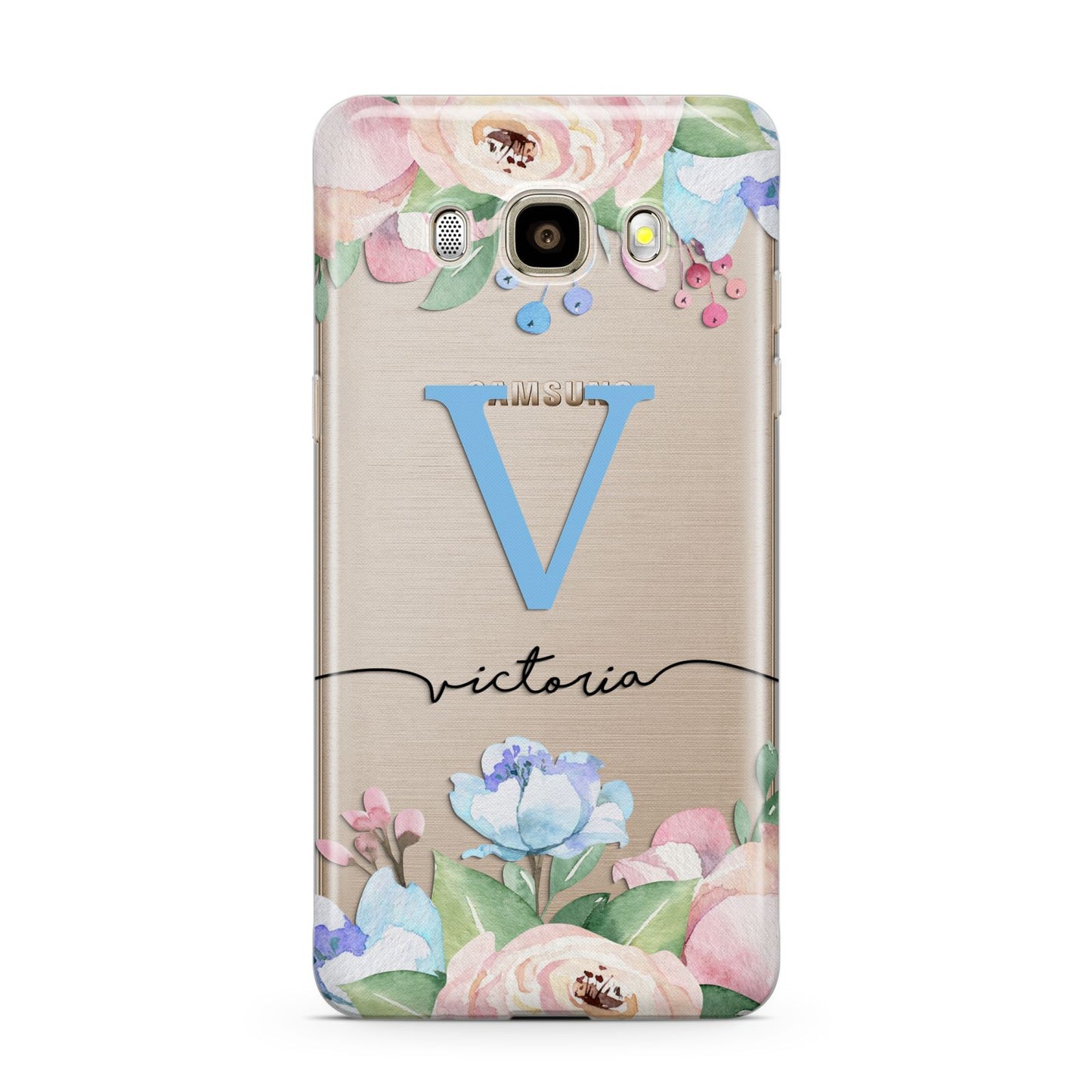 Personalised Pink Blue Flowers Samsung Galaxy J7 2016 Case on gold phone