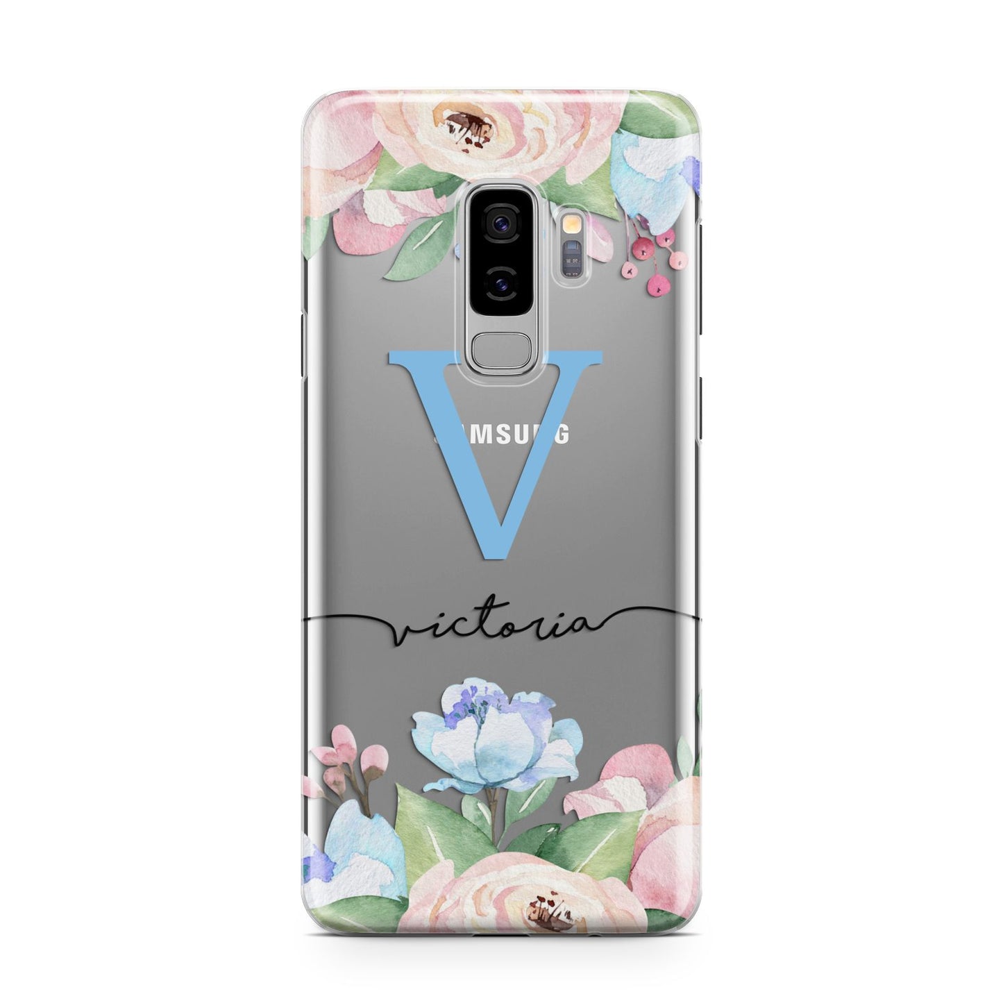 Personalised Pink Blue Flowers Samsung Galaxy S9 Plus Case on Silver phone