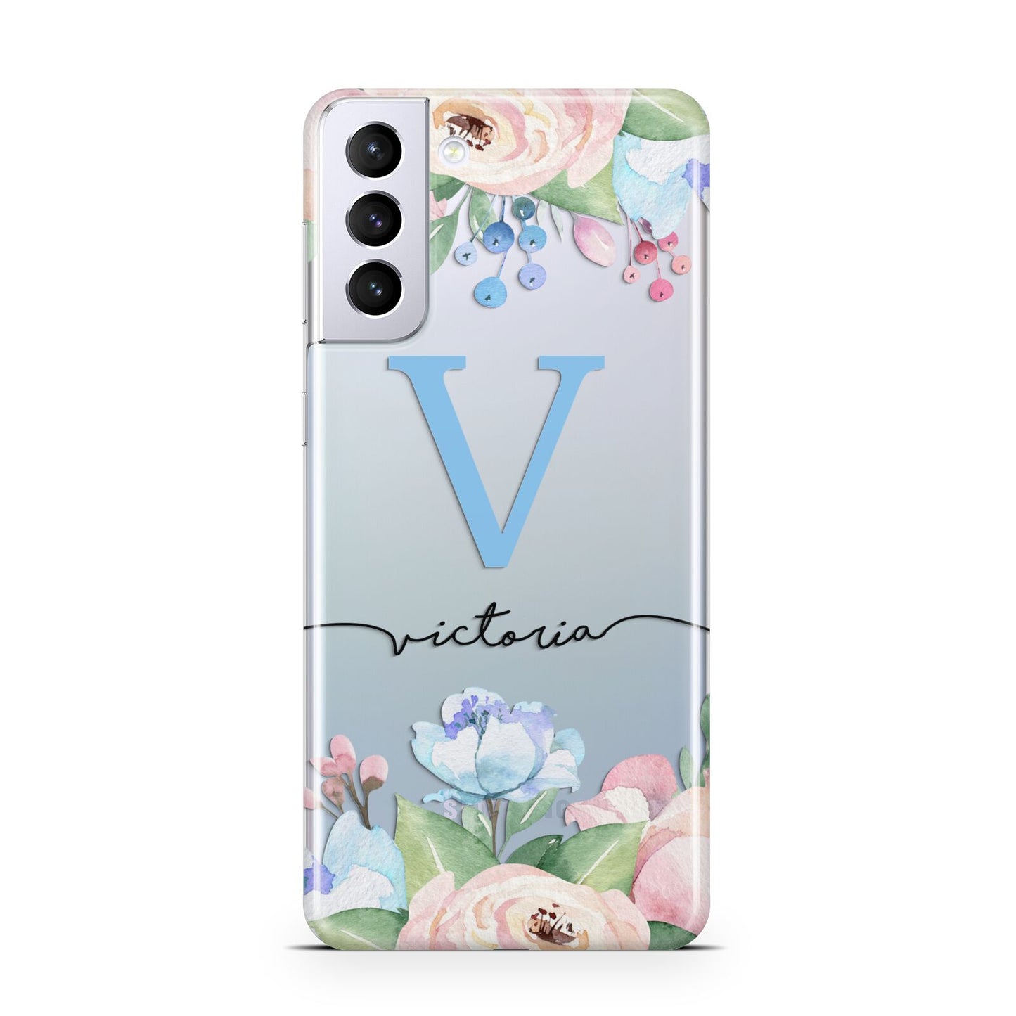 Personalised Pink Blue Flowers Samsung S21 Plus Phone Case