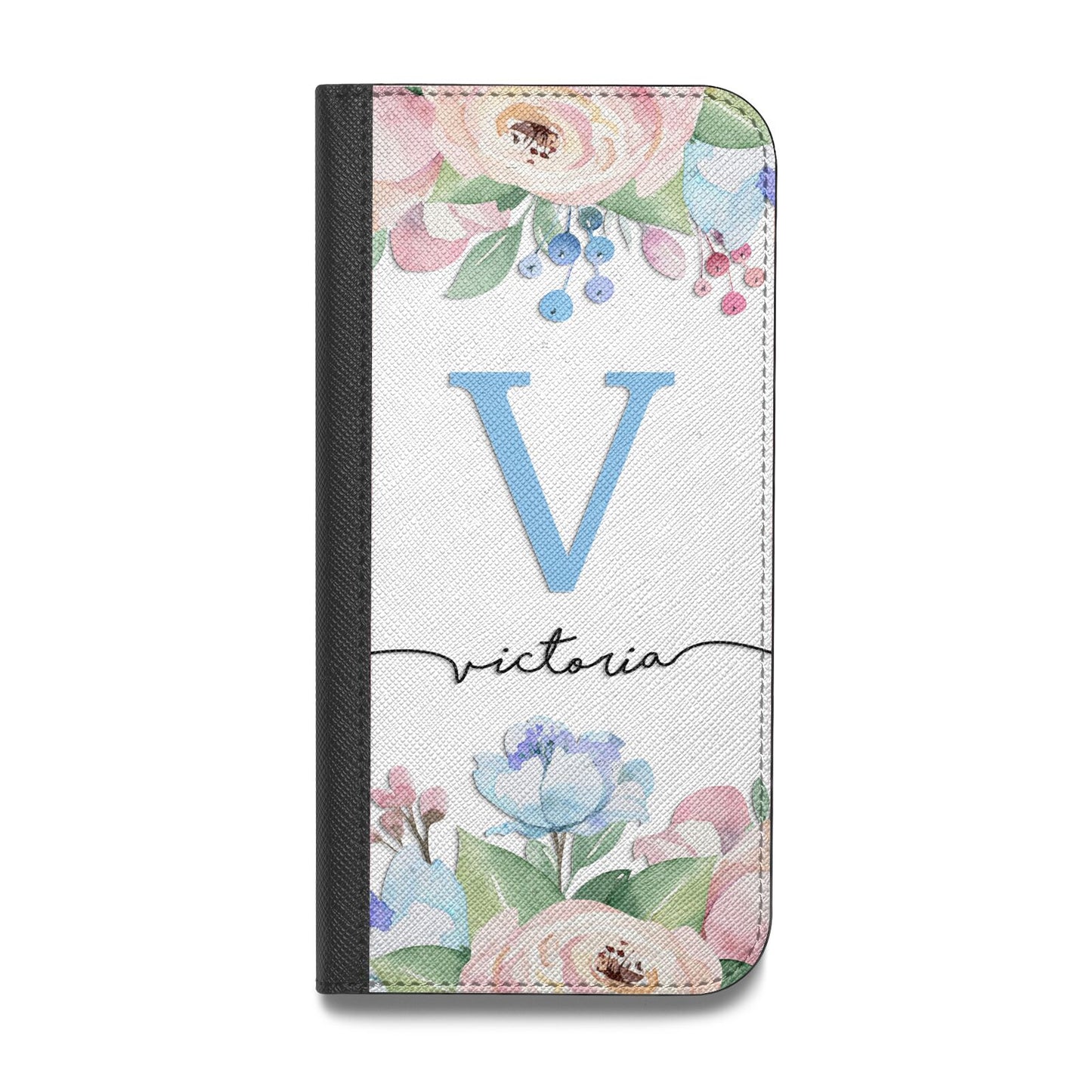 Personalised Pink Blue Flowers Vegan Leather Flip iPhone Case