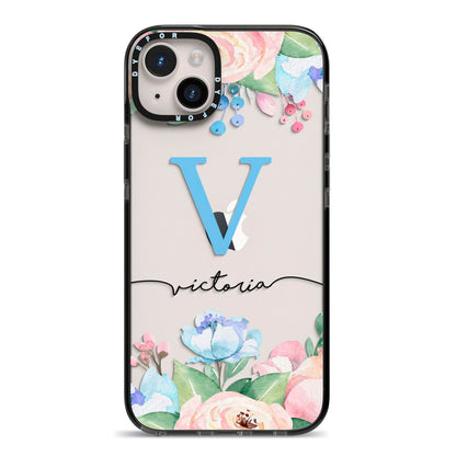 Personalised Pink Blue Flowers iPhone 14 Plus Black Impact Case on Silver phone