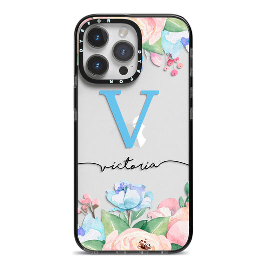 Personalised Pink Blue Flowers iPhone 14 Pro Max Black Impact Case on Silver phone