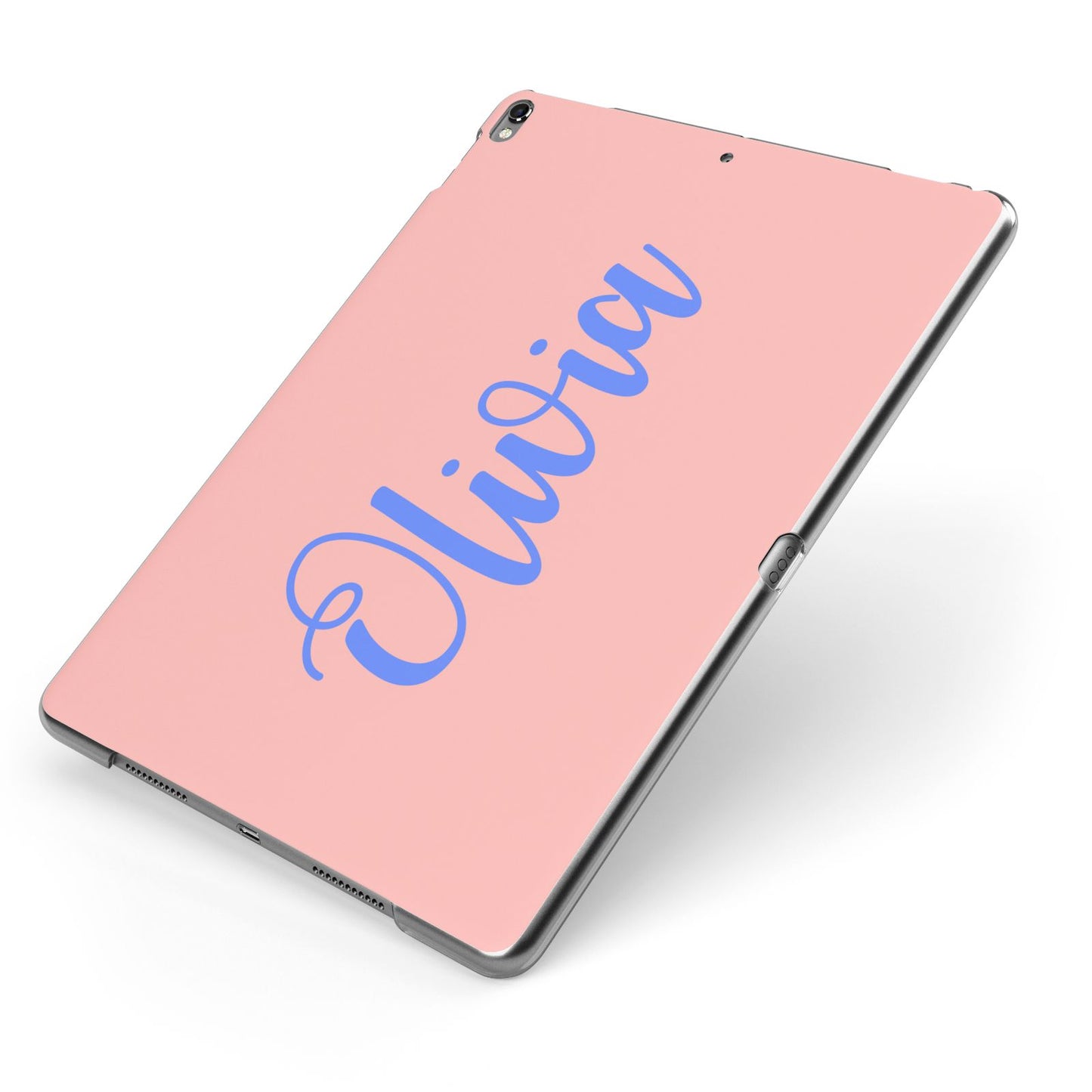 Personalised Pink Blue Name Apple iPad Case on Grey iPad Side View