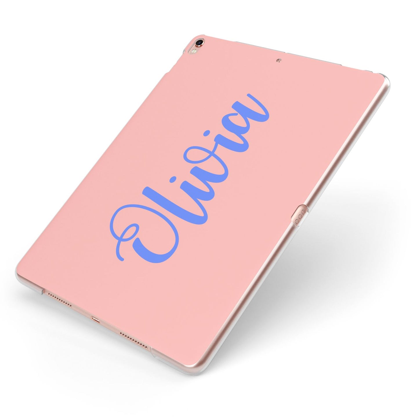 Personalised Pink Blue Name Apple iPad Case on Rose Gold iPad Side View