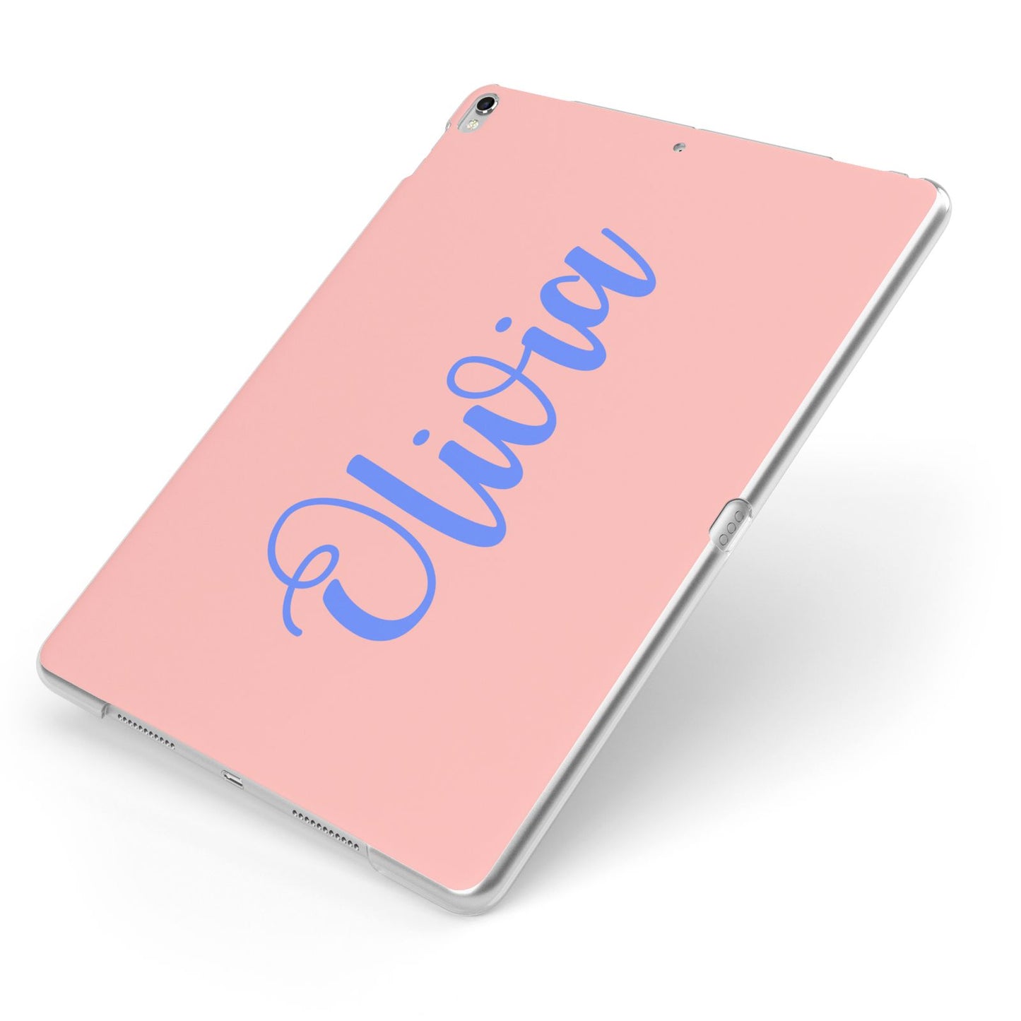 Personalised Pink Blue Name Apple iPad Case on Silver iPad Side View