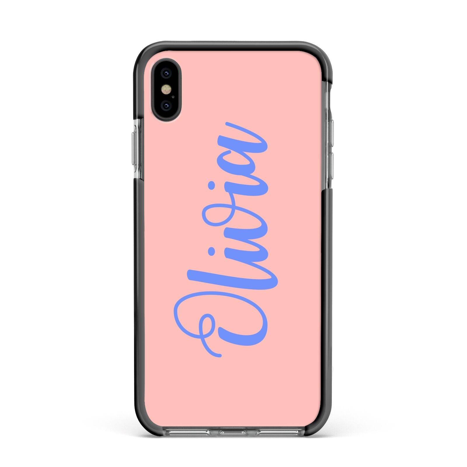 Personalised Pink Blue Name Apple iPhone Xs Max Impact Case Black Edge on Black Phone