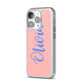 Personalised Pink Blue Name iPhone 14 Pro Clear Tough Case Silver Angled Image