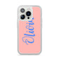 Personalised Pink Blue Name iPhone 14 Pro Clear Tough Case Silver