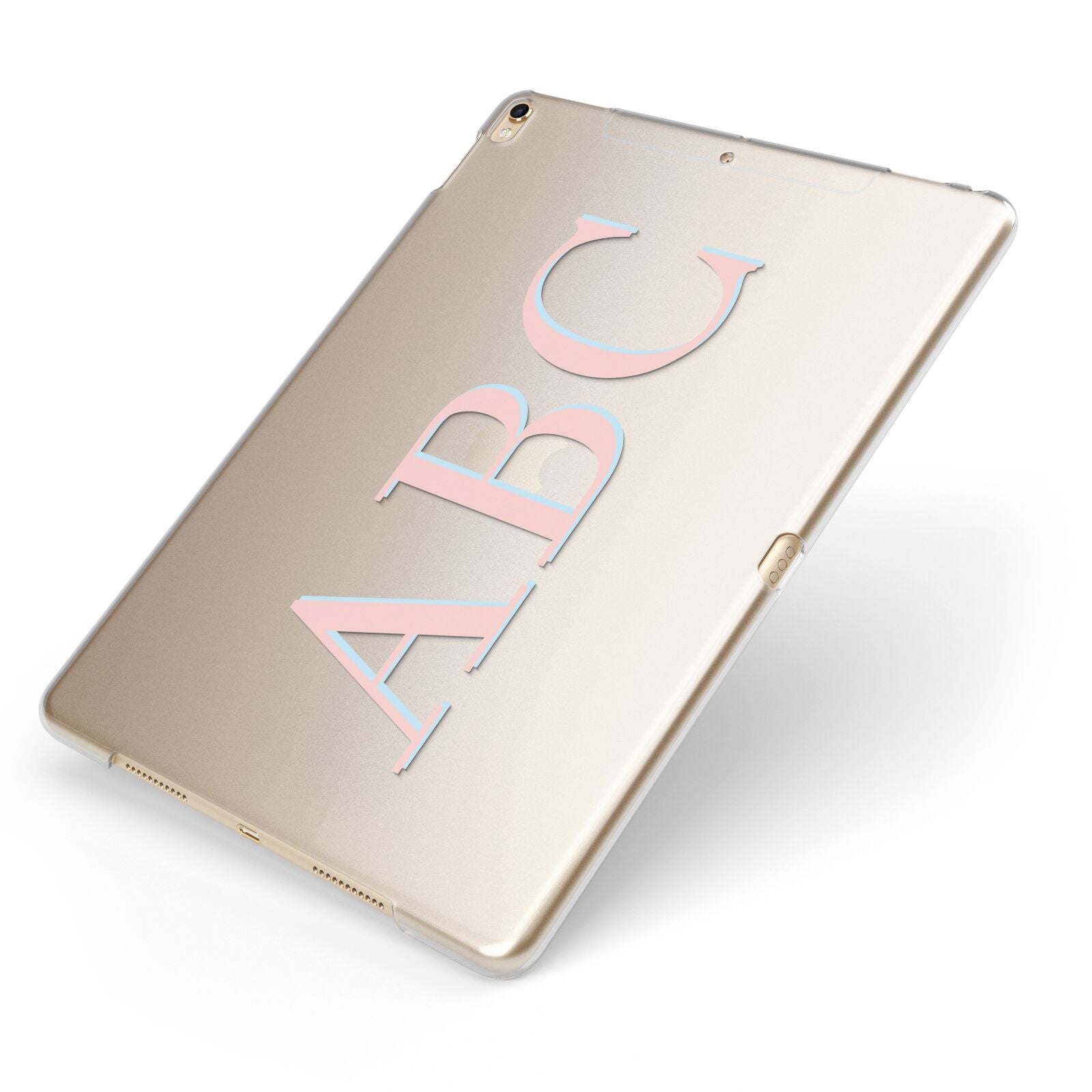 Personalised Pink Blue Side Initials Clear Apple iPad Case on Gold iPad Side View