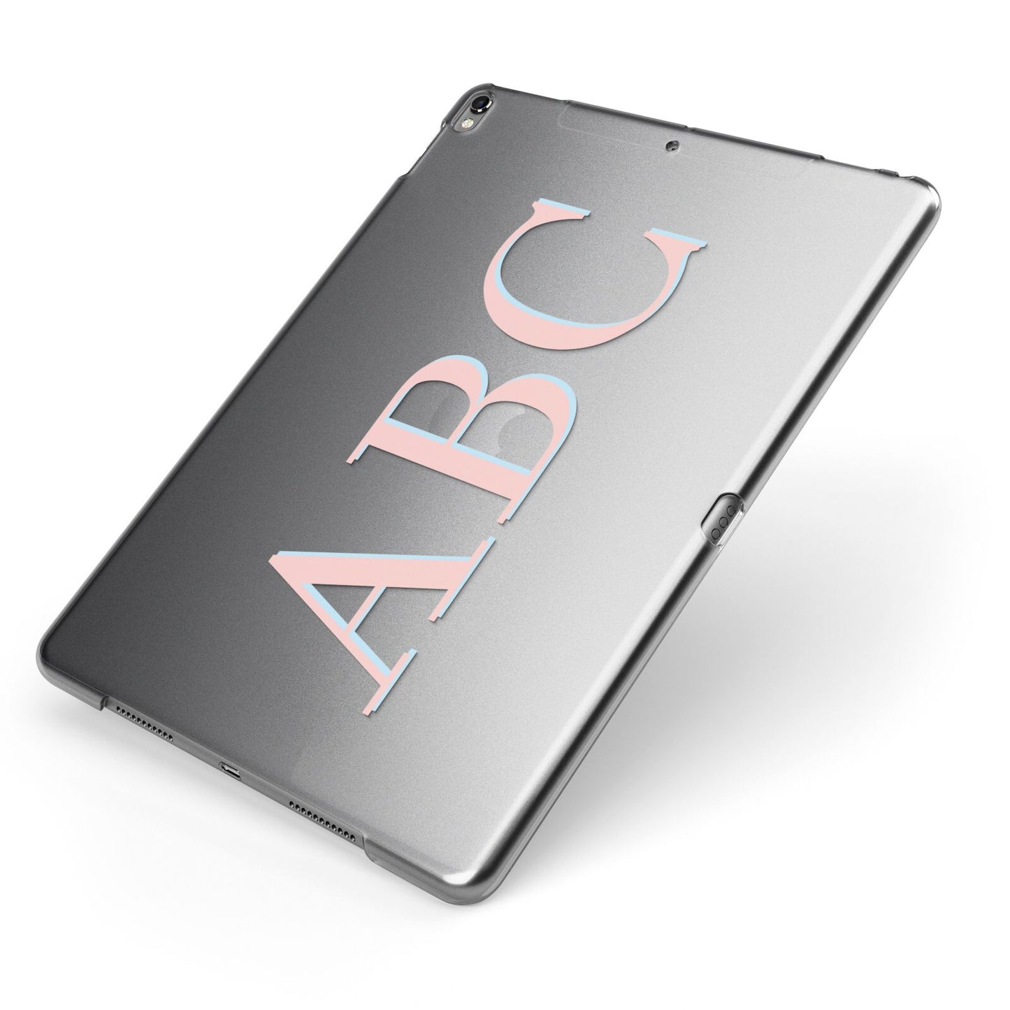 Personalised Pink Blue Side Initials Clear Apple iPad Case on Grey iPad Side View