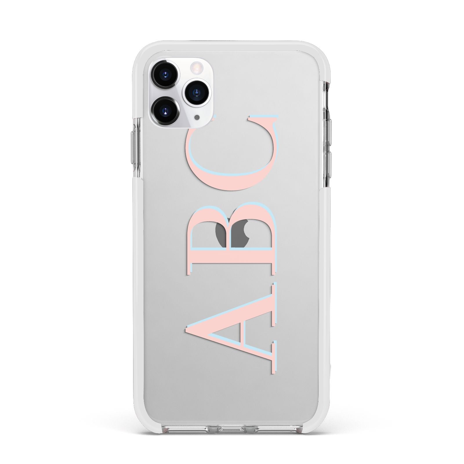 Personalised Pink Blue Side Initials Clear Apple iPhone 11 Pro Max in Silver with White Impact Case
