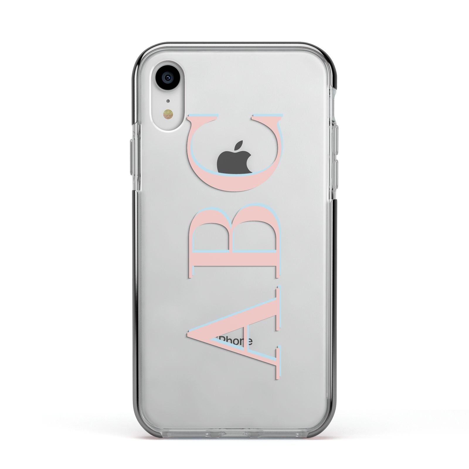 Personalised Pink Blue Side Initials Clear Apple iPhone XR Impact Case Black Edge on Silver Phone