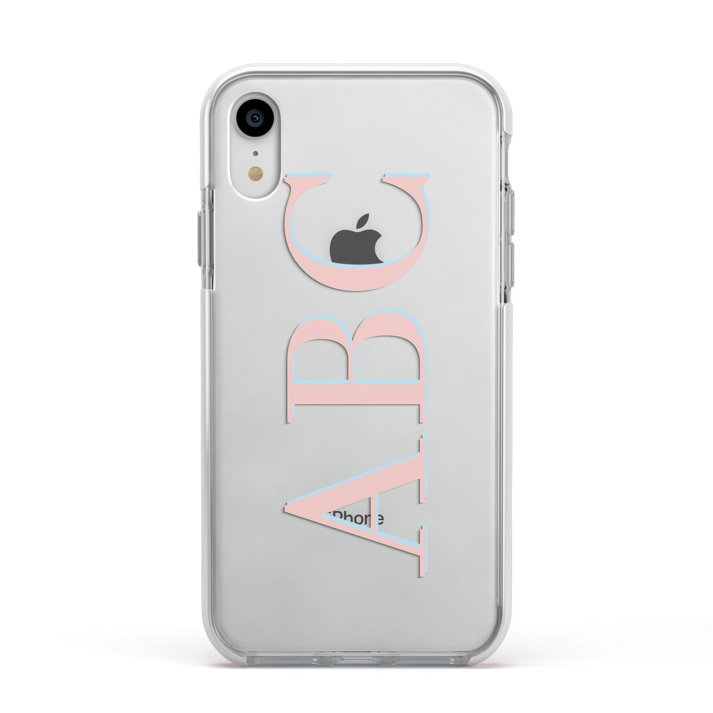 Personalised Pink Blue Side Initials Clear Apple iPhone XR Impact Case White Edge on Silver Phone