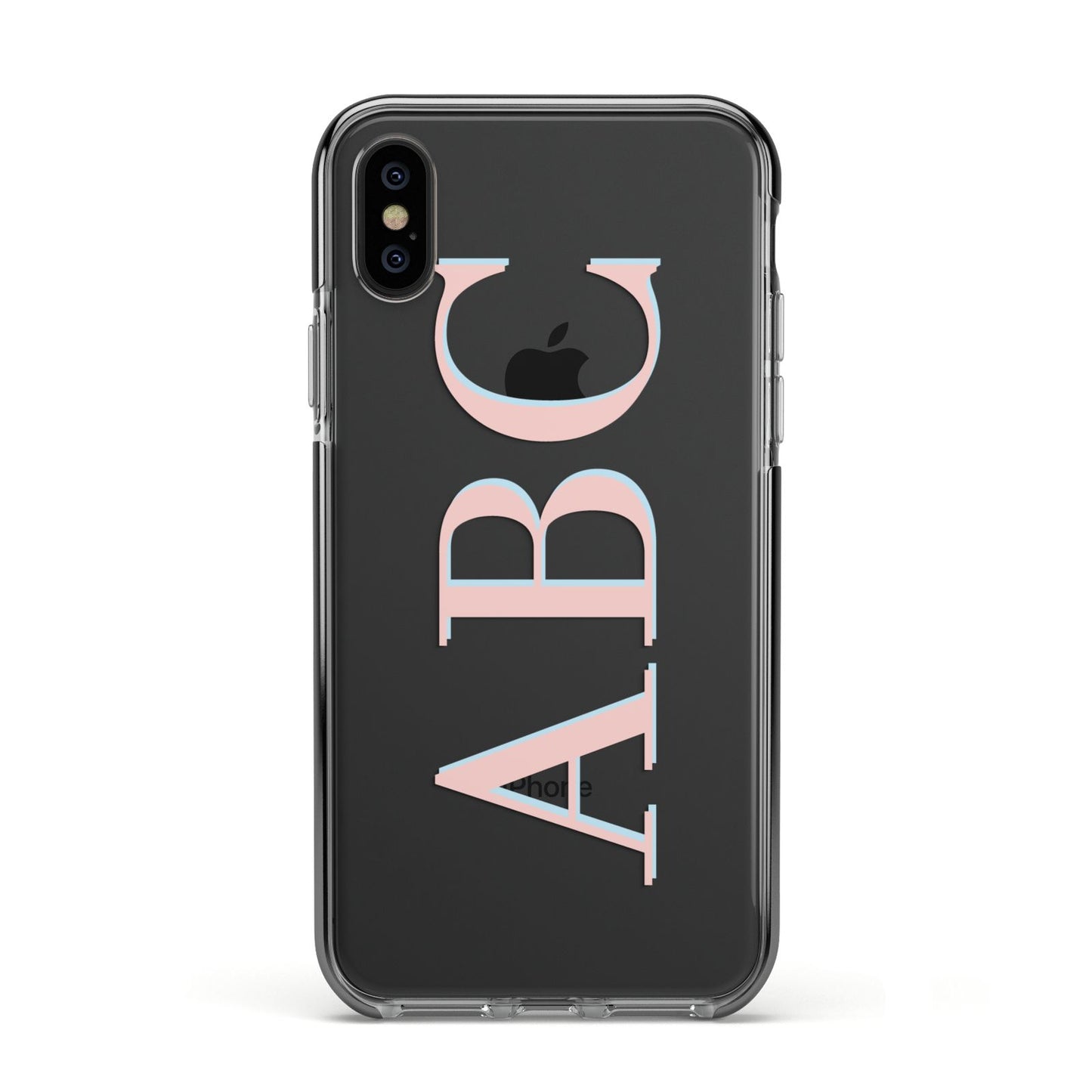 Personalised Pink Blue Side Initials Clear Apple iPhone Xs Impact Case Black Edge on Black Phone