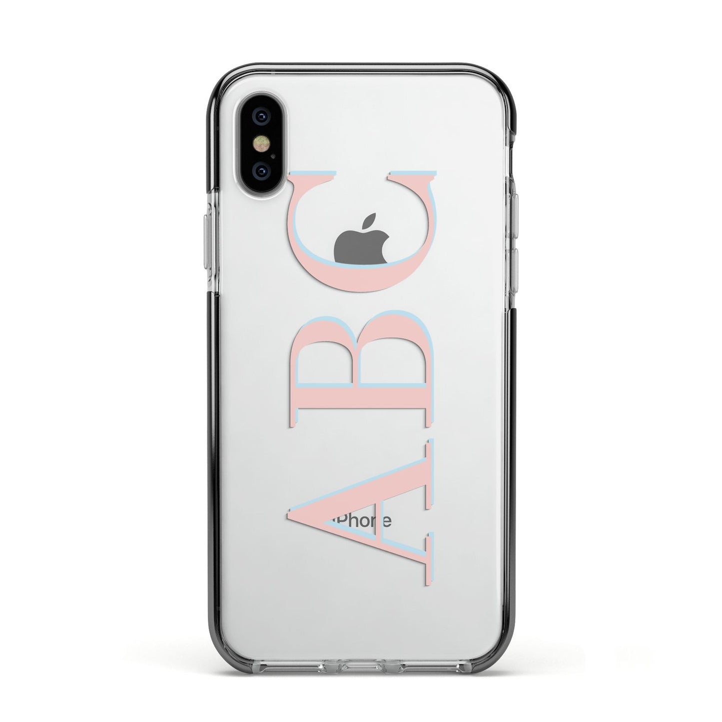 Personalised Pink Blue Side Initials Clear Apple iPhone Xs Impact Case Black Edge on Silver Phone