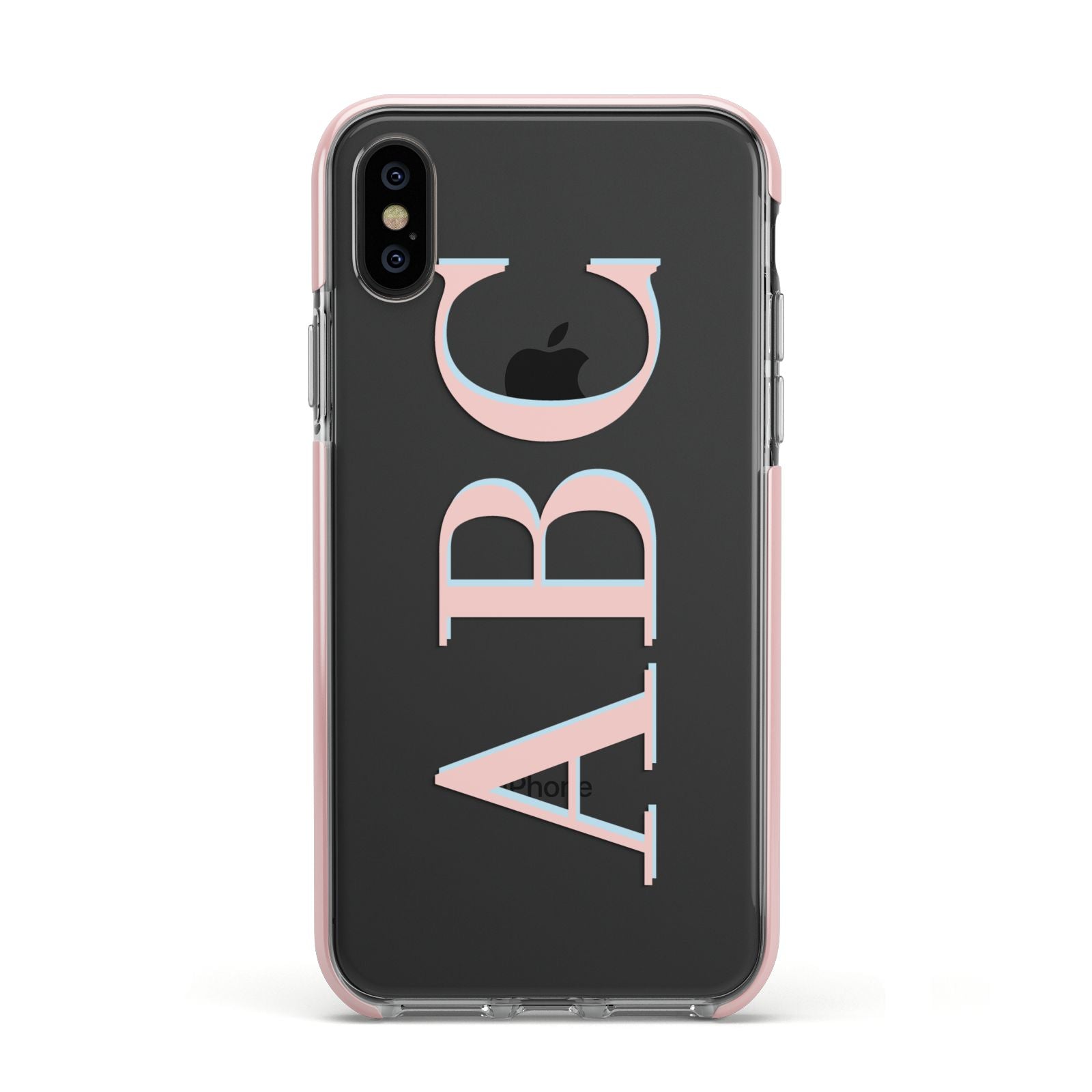 Personalised Pink Blue Side Initials Clear Apple iPhone Xs Impact Case Pink Edge on Black Phone
