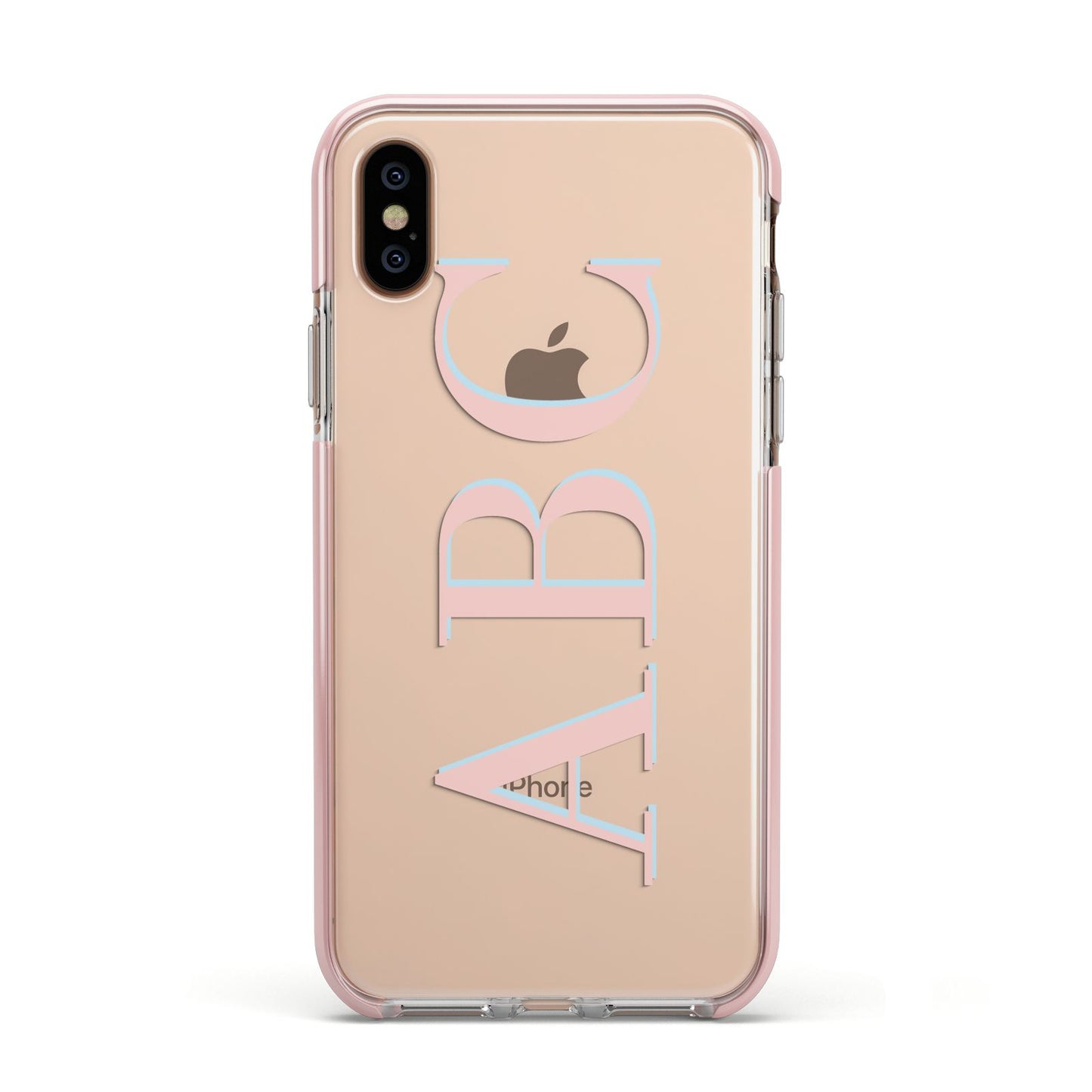 Personalised Pink Blue Side Initials Clear Apple iPhone Xs Impact Case Pink Edge on Gold Phone
