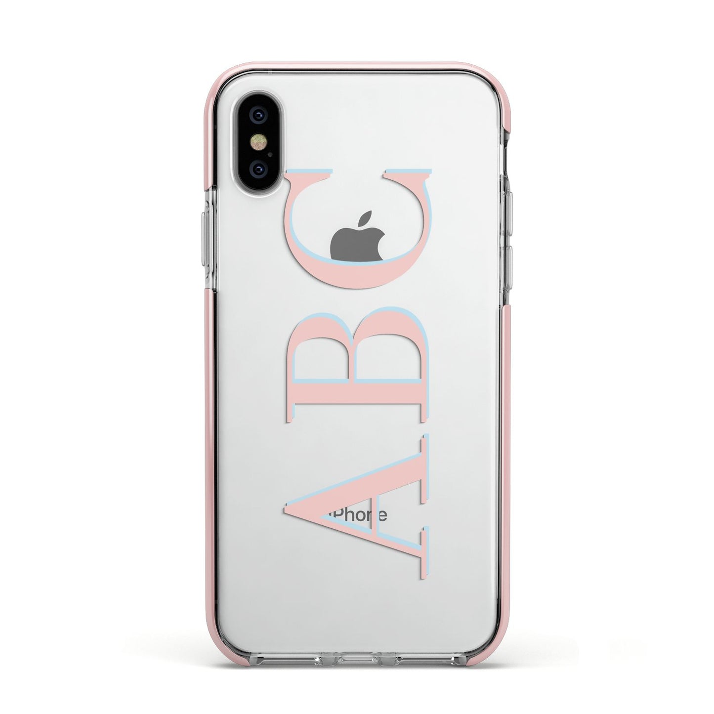 Personalised Pink Blue Side Initials Clear Apple iPhone Xs Impact Case Pink Edge on Silver Phone