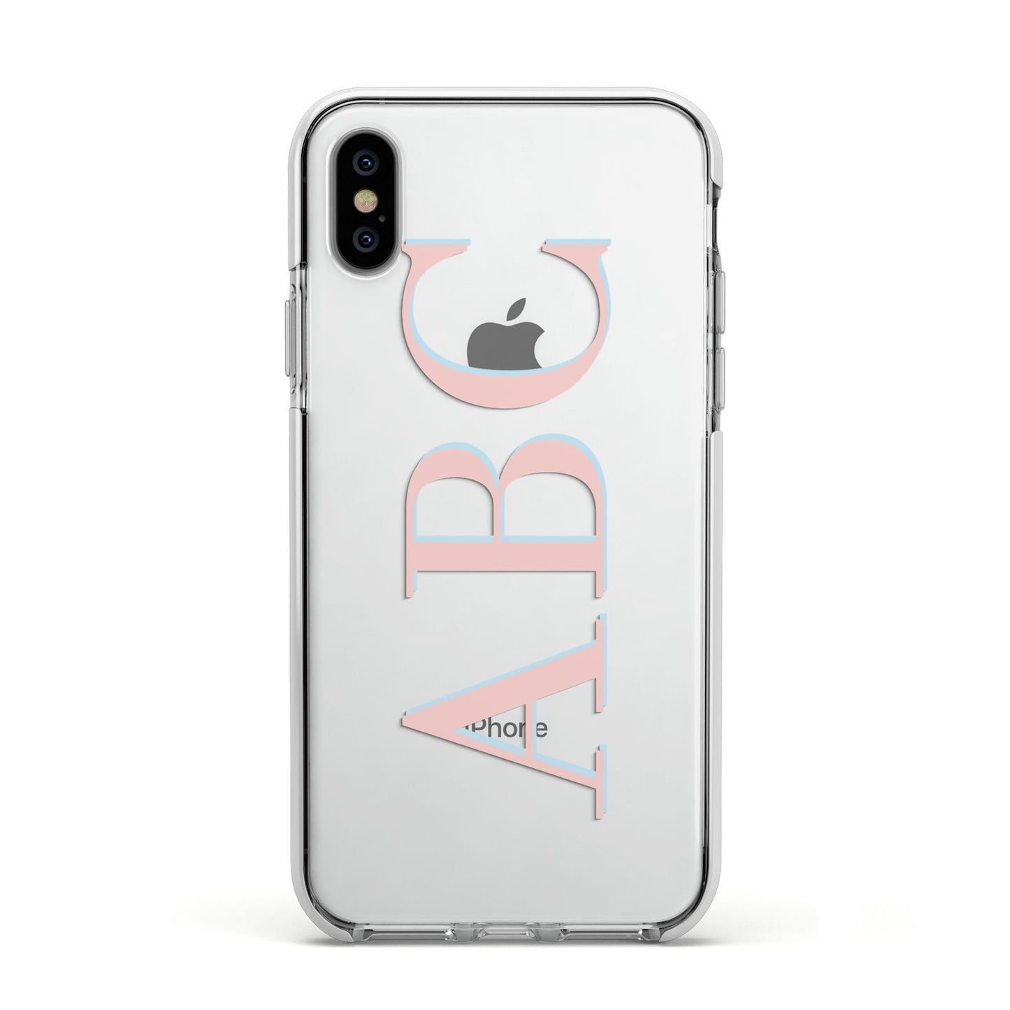 Personalised Pink Blue Side Initials Clear Apple iPhone Xs Impact Case White Edge on Silver Phone