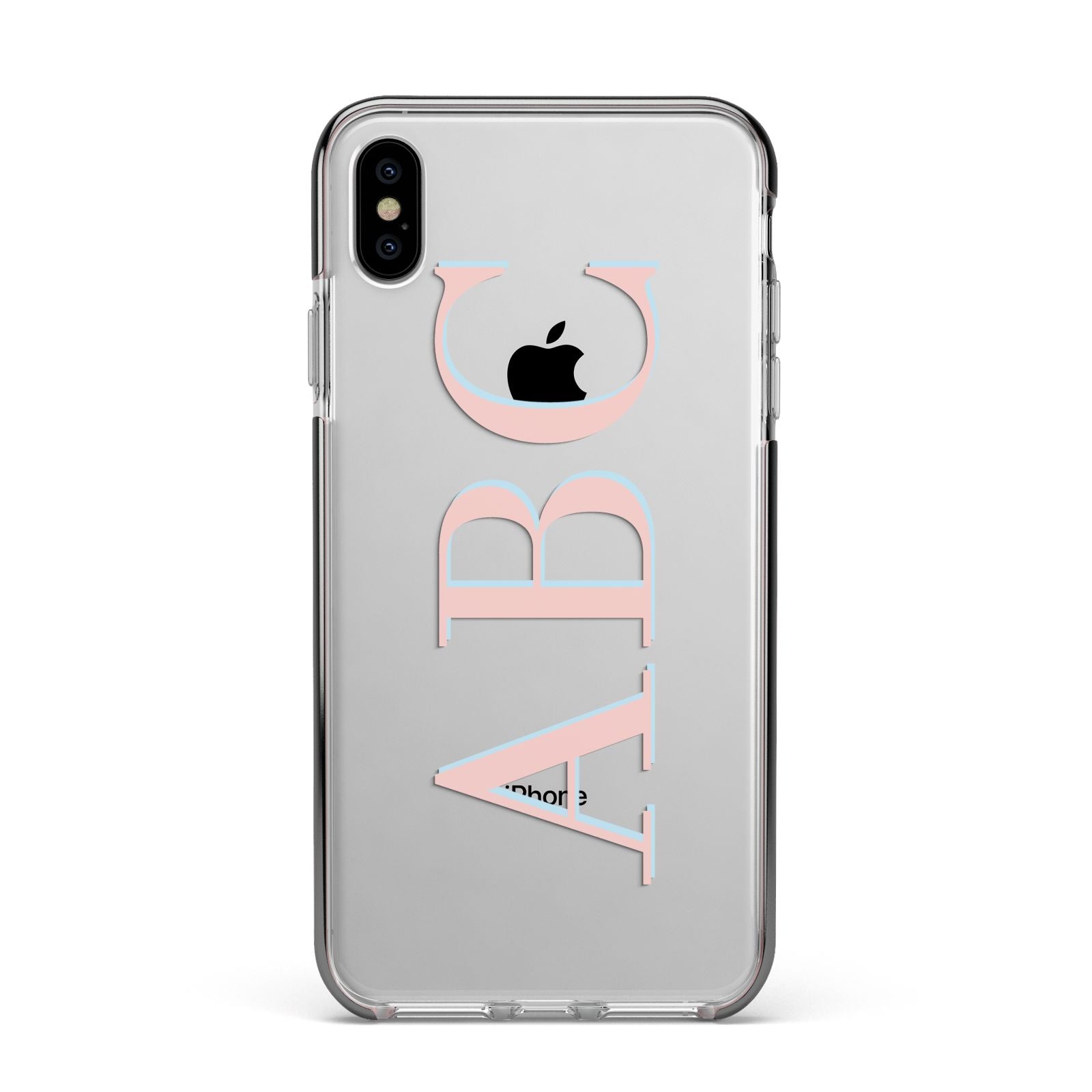 Personalised Pink Blue Side Initials Clear Apple iPhone Xs Max Impact Case Black Edge on Silver Phone