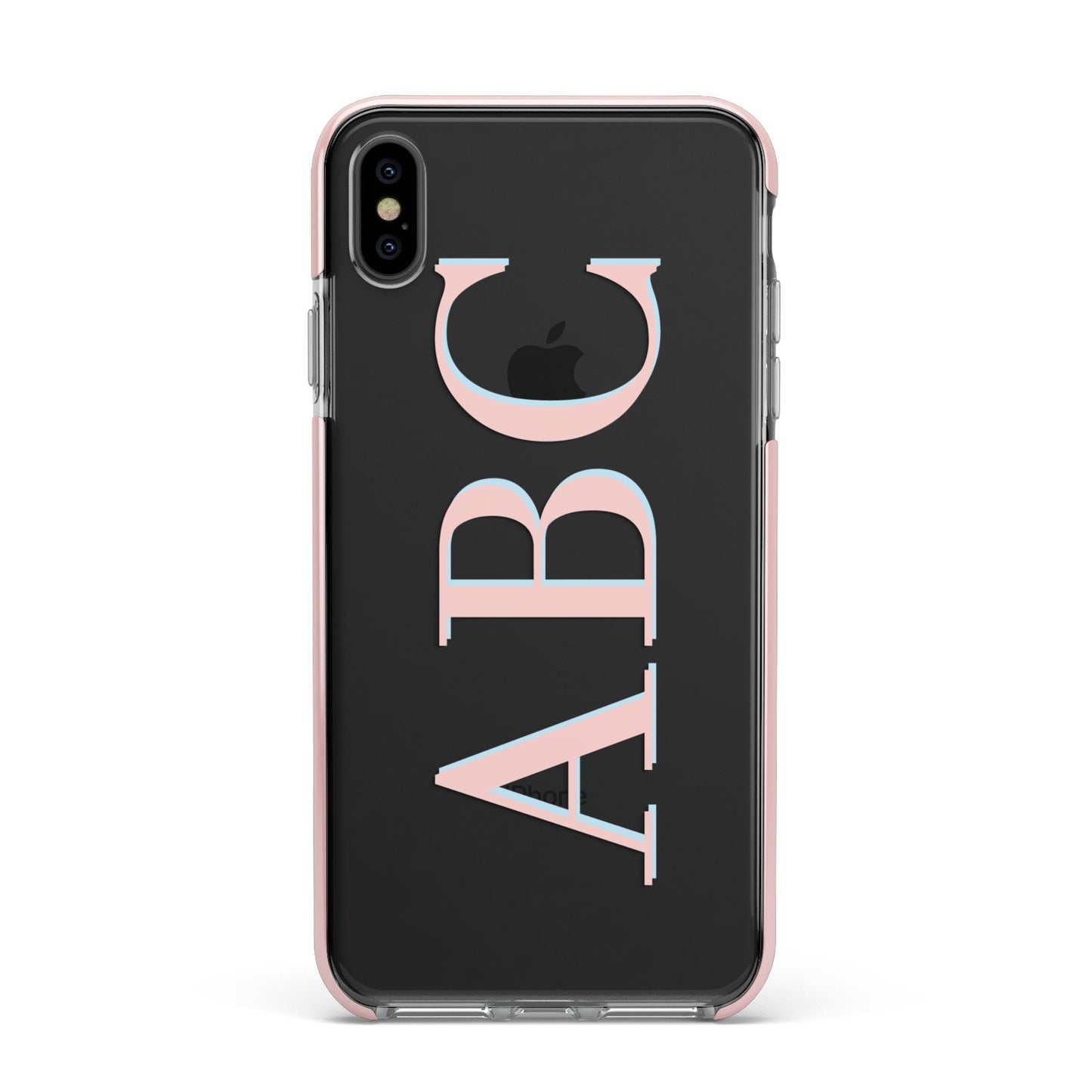 Personalised Pink Blue Side Initials Clear Apple iPhone Xs Max Impact Case Pink Edge on Black Phone