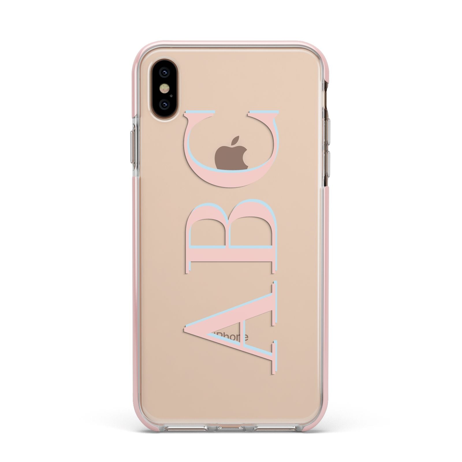 Personalised Pink Blue Side Initials Clear Apple iPhone Xs Max Impact Case Pink Edge on Gold Phone