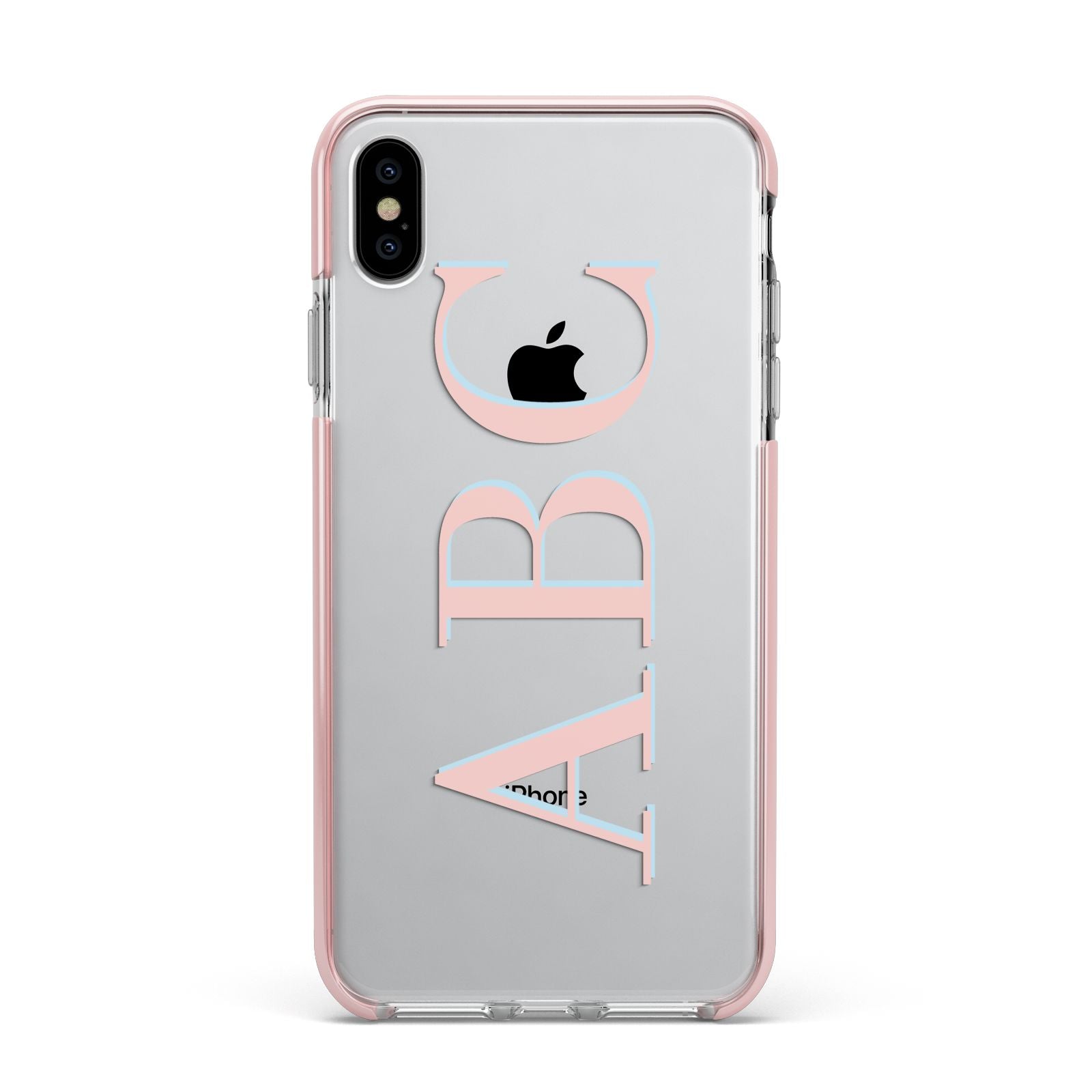 Personalised Pink Blue Side Initials Clear Apple iPhone Xs Max Impact Case Pink Edge on Silver Phone