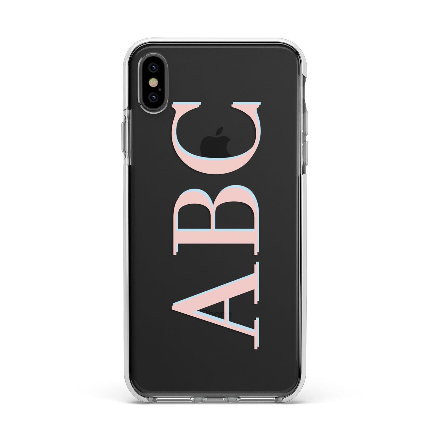 Personalised Pink Blue Side Initials Clear Apple iPhone Xs Max Impact Case White Edge on Black Phone