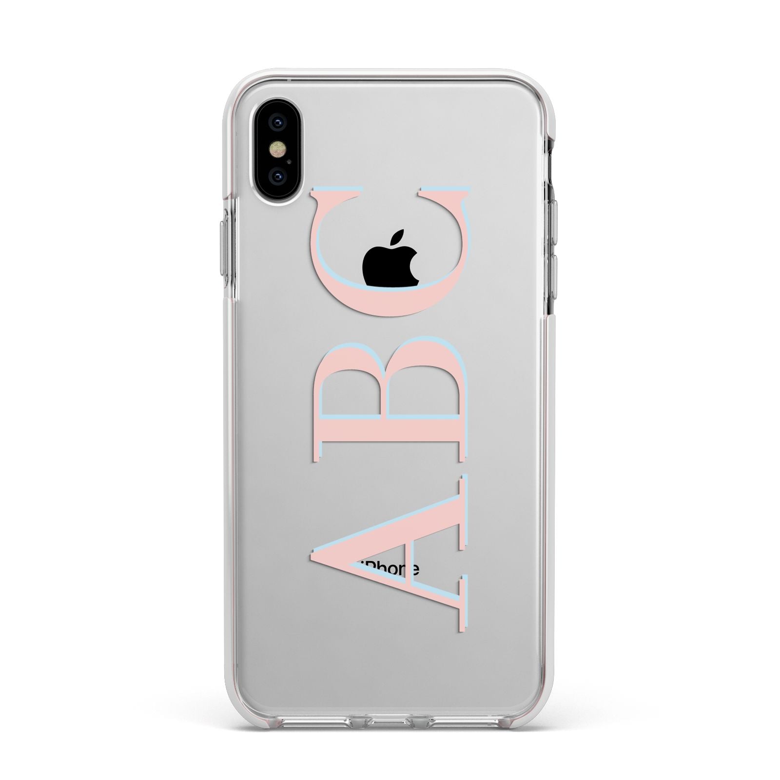Personalised Pink Blue Side Initials Clear Apple iPhone Xs Max Impact Case White Edge on Silver Phone