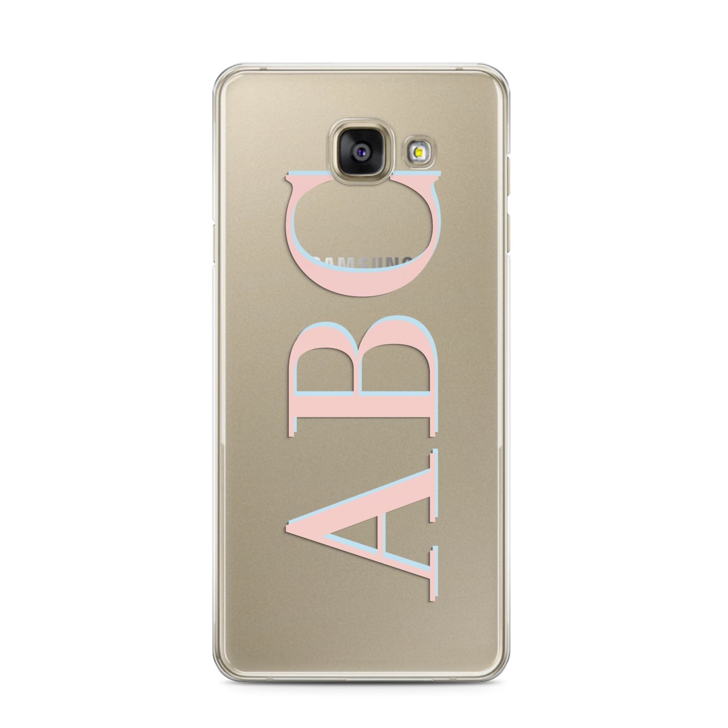 Personalised Pink Blue Side Initials Clear Samsung Galaxy A3 2016 Case on gold phone