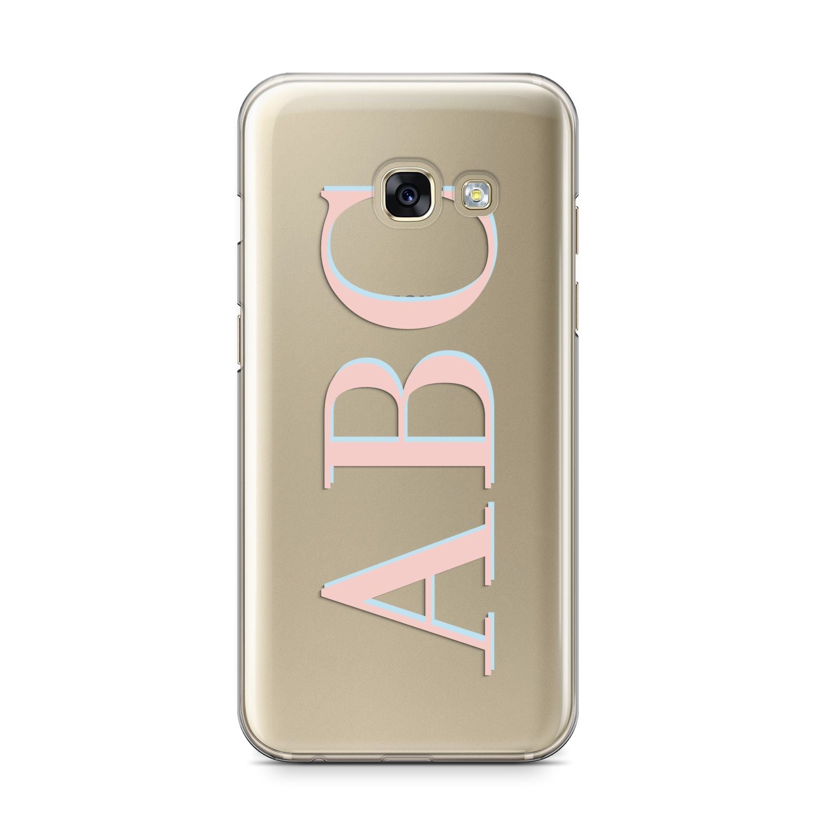 Personalised Pink Blue Side Initials Clear Samsung Galaxy A3 2017 Case on gold phone