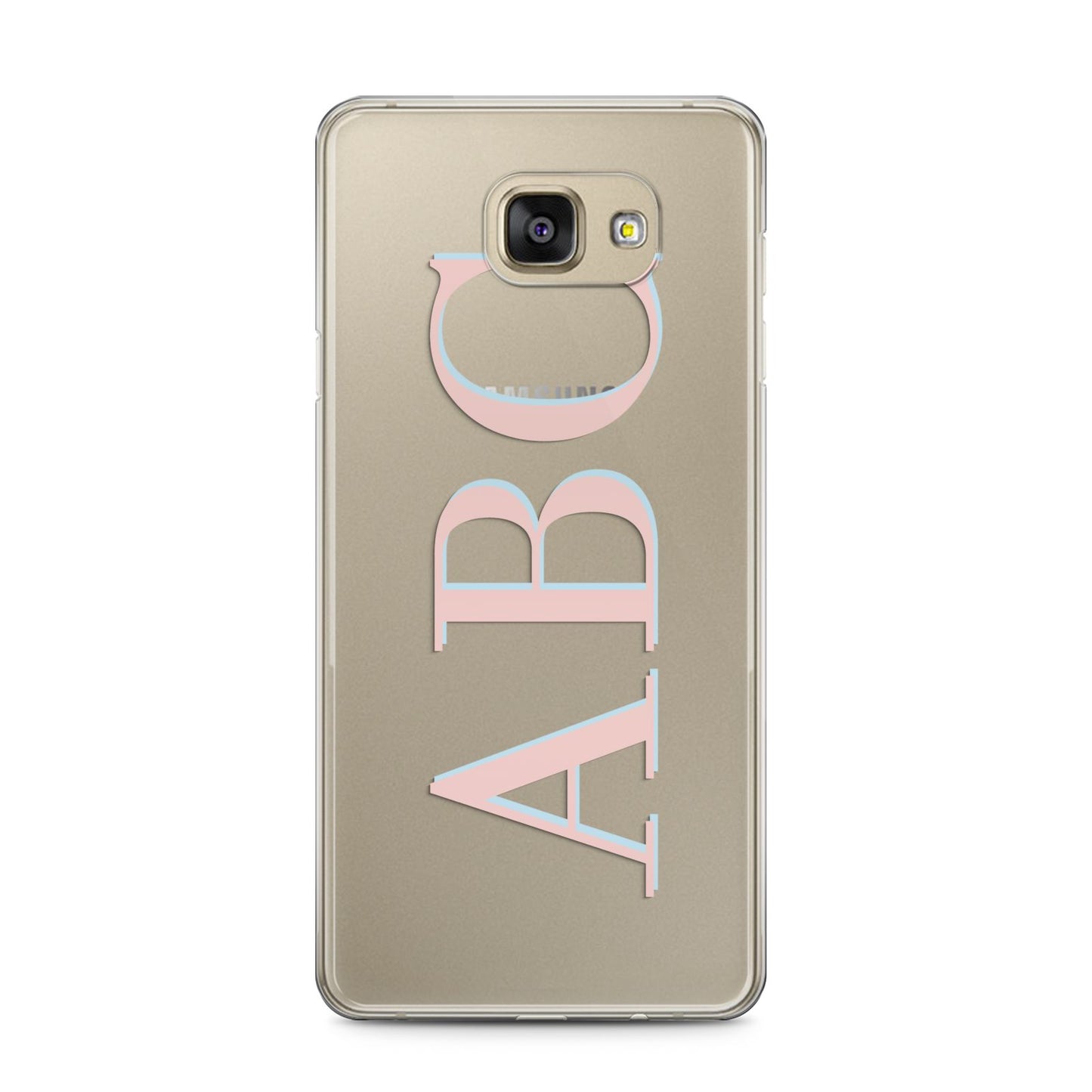 Personalised Pink Blue Side Initials Clear Samsung Galaxy A5 2016 Case on gold phone