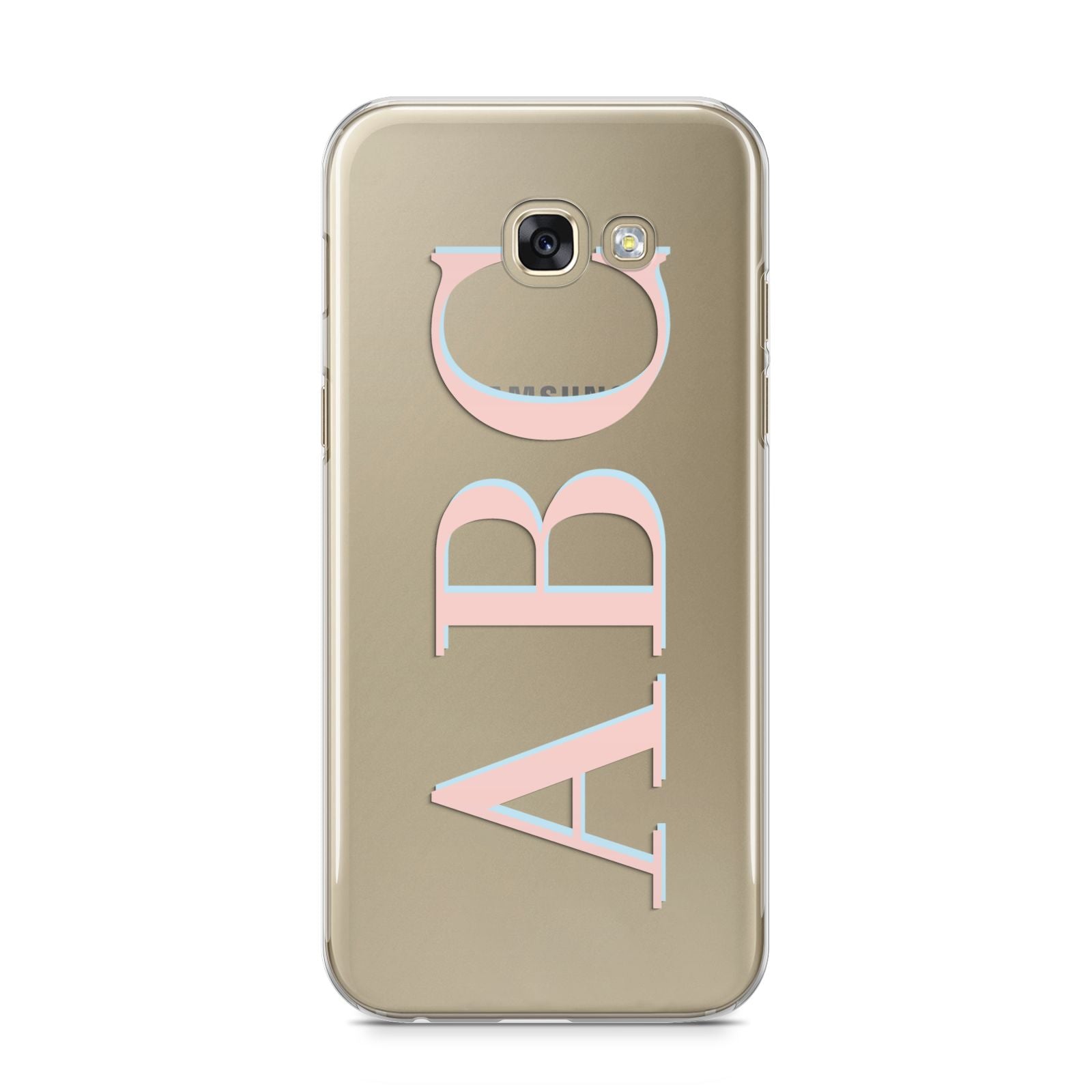 Personalised Pink Blue Side Initials Clear Samsung Galaxy A5 2017 Case on gold phone