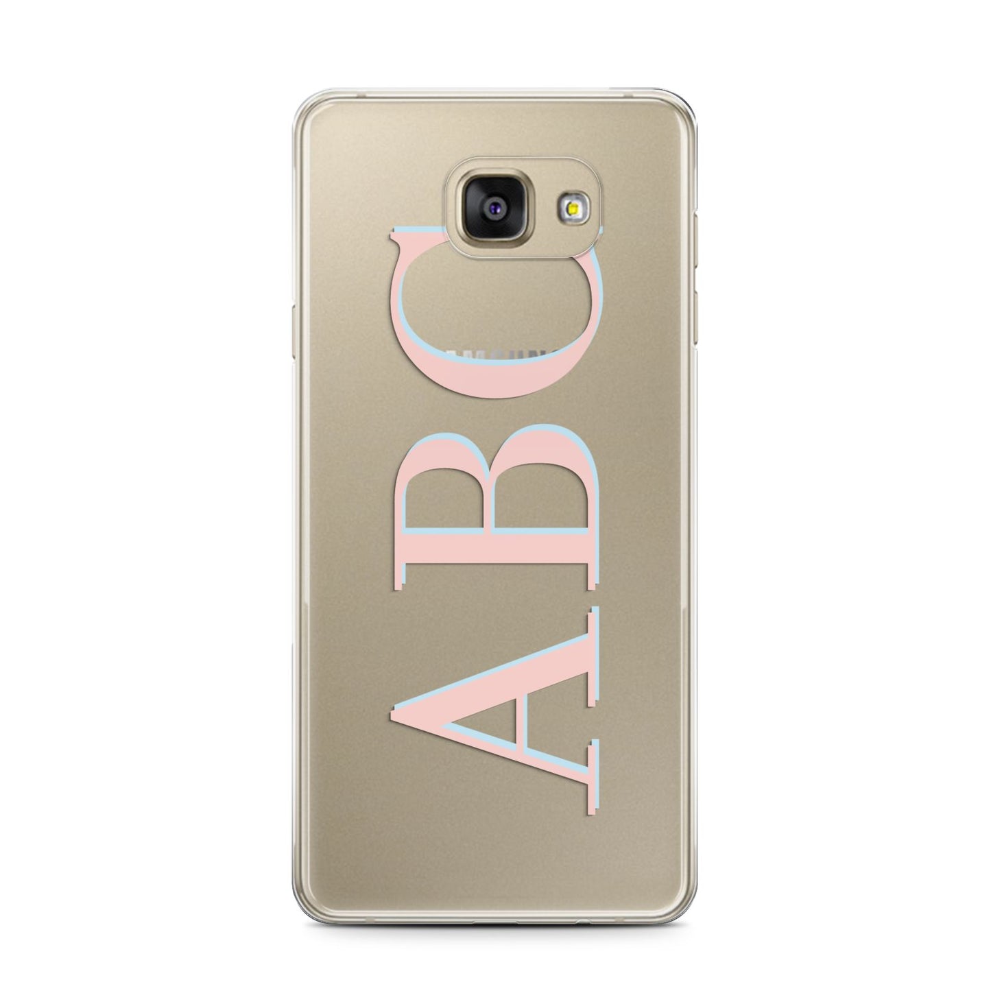 Personalised Pink Blue Side Initials Clear Samsung Galaxy A7 2016 Case on gold phone
