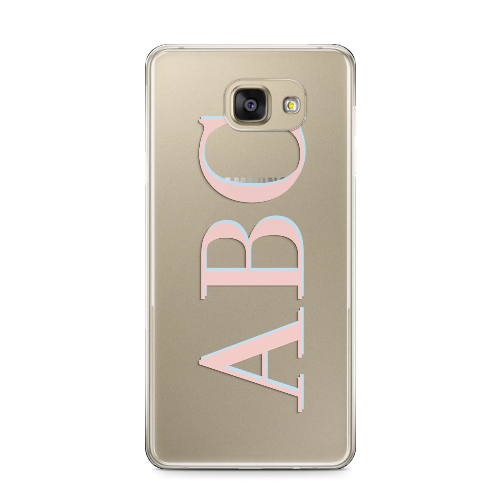 Personalised Pink Blue Side Initials Clear Samsung Galaxy A9 2016 Case on gold phone