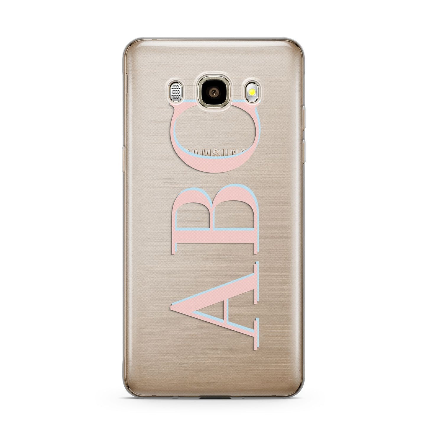 Personalised Pink Blue Side Initials Clear Samsung Galaxy J7 2016 Case on gold phone