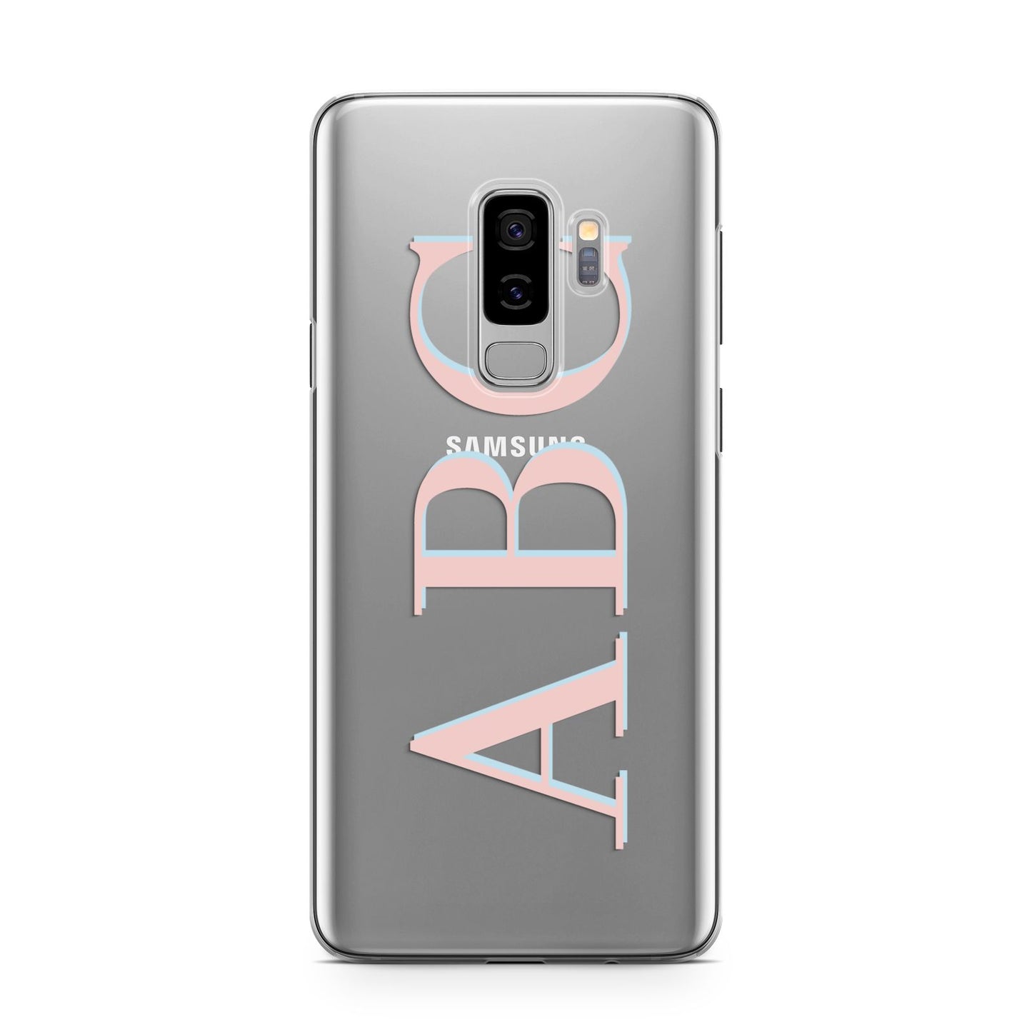 Personalised Pink Blue Side Initials Clear Samsung Galaxy S9 Plus Case on Silver phone