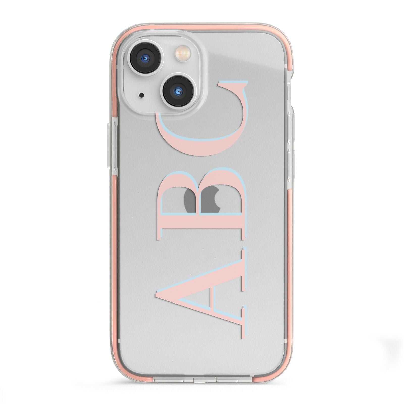 Personalised Pink Blue Side Initials Clear iPhone 13 Mini TPU Impact Case with Pink Edges