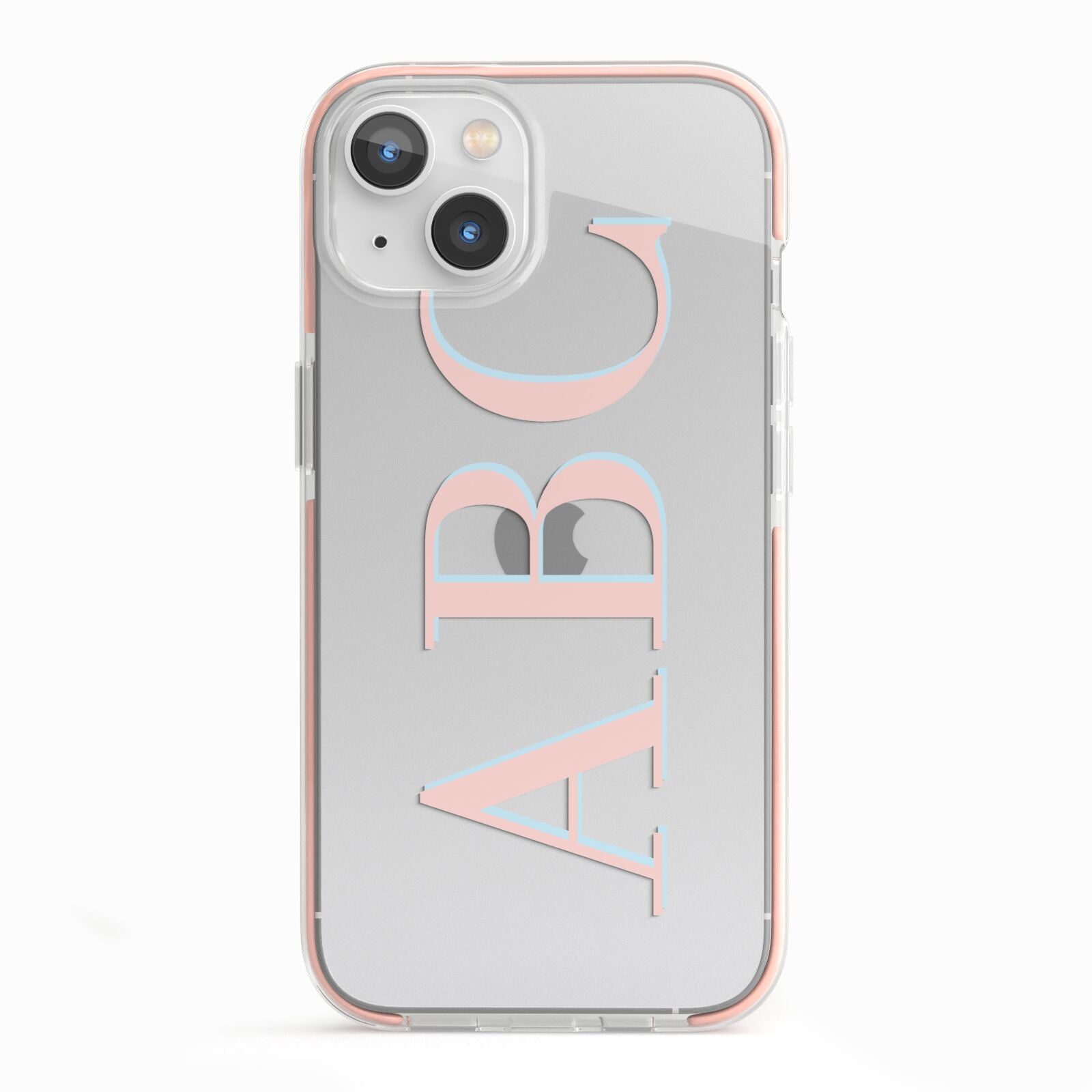 Personalised Pink Blue Side Initials Clear iPhone 13 TPU Impact Case with Pink Edges
