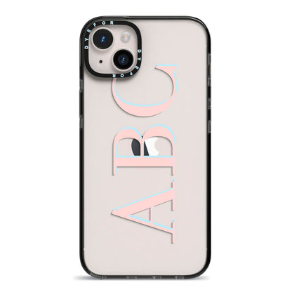 Personalised Pink Blue Side Initials Clear iPhone 14 Plus Black Impact Case on Silver phone