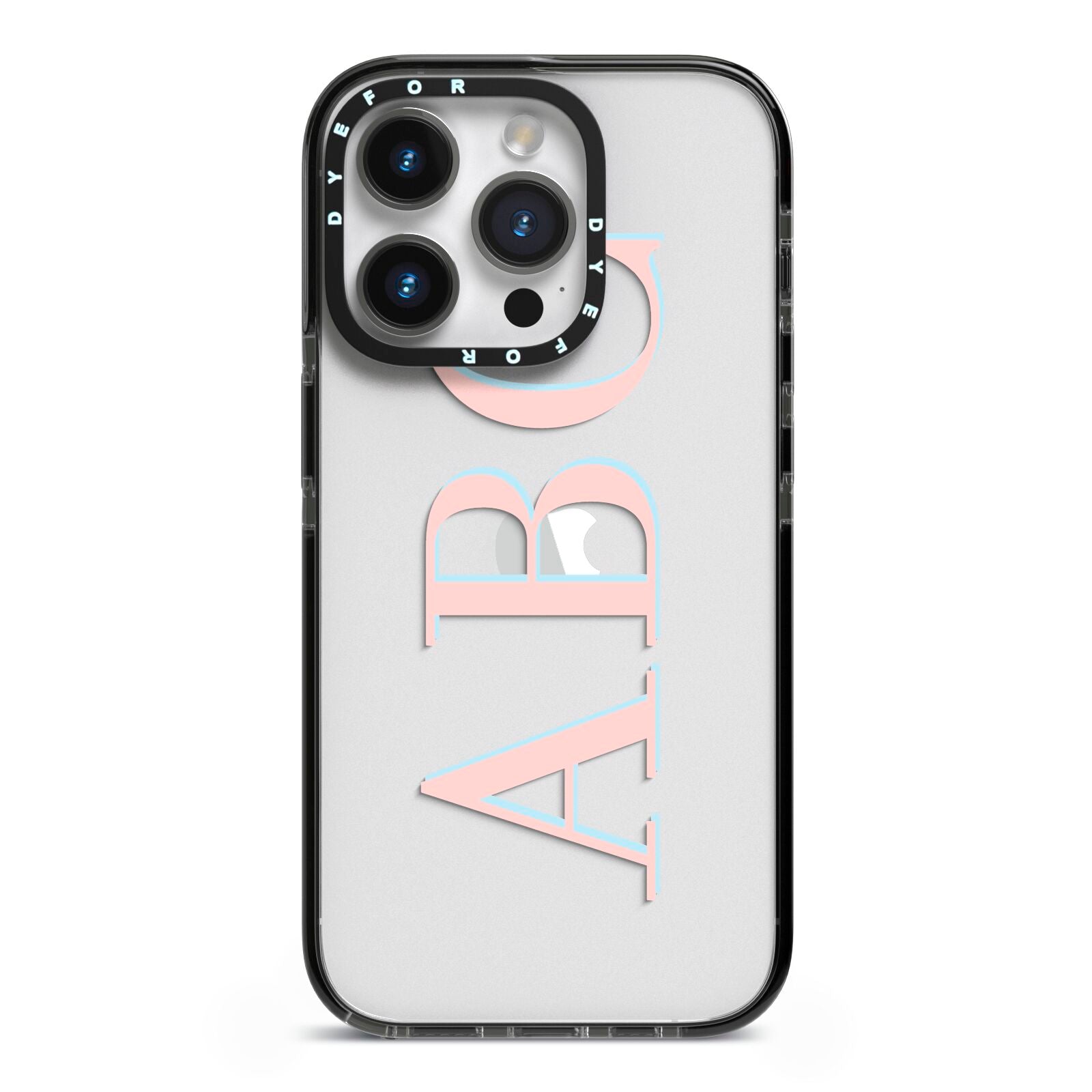 Personalised Pink Blue Side Initials Clear iPhone 14 Pro Black Impact Case on Silver phone