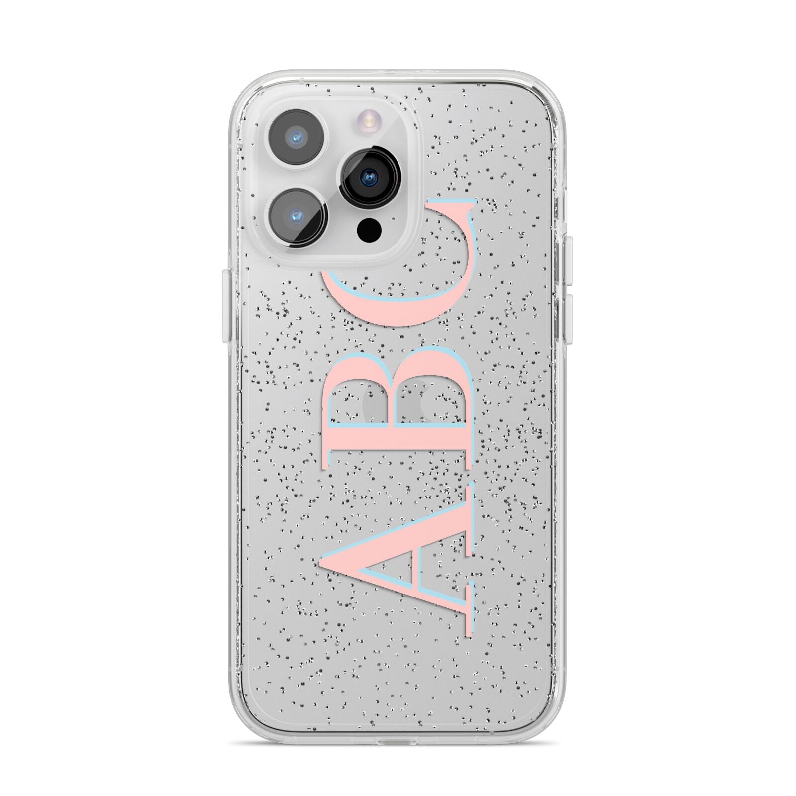 Personalised Pink Blue Side Initials Clear iPhone 14 Pro Max Glitter Tough Case Silver