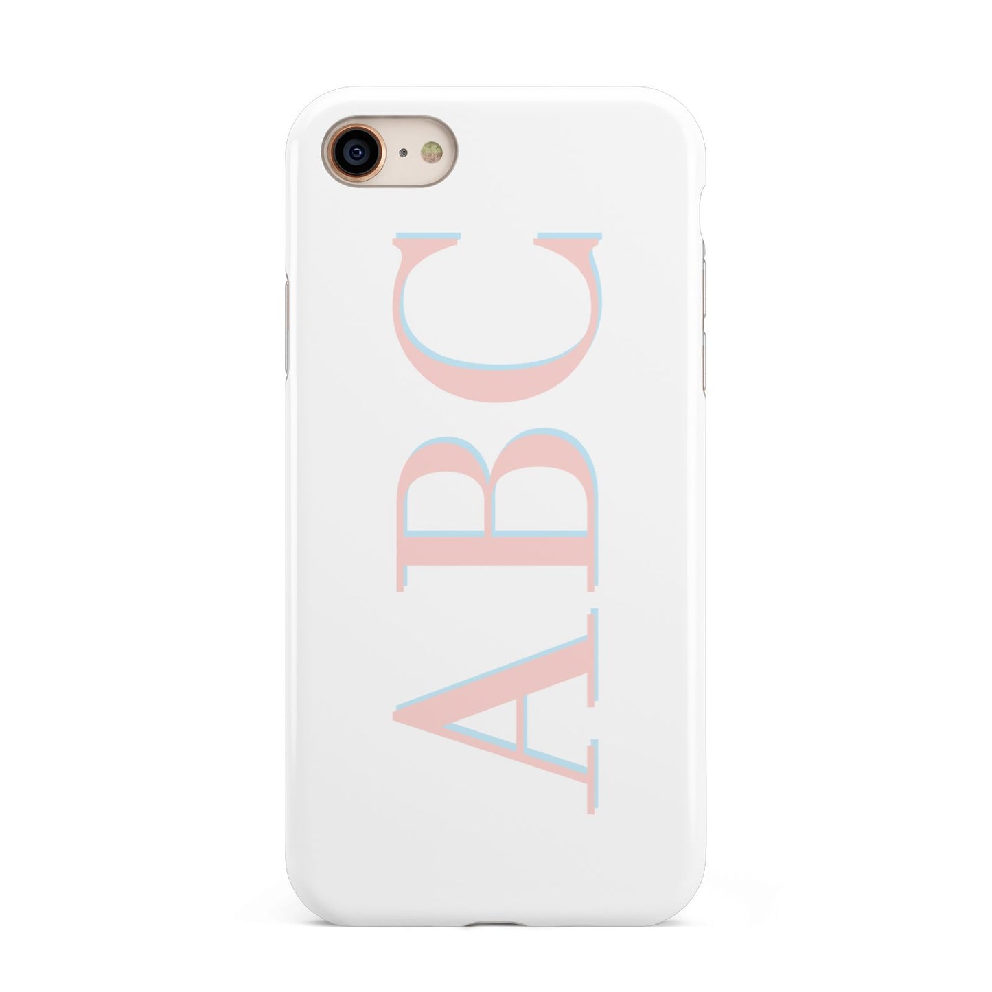 Personalised Pink Blue Side Initials Clear iPhone 8 3D Tough Case on Gold Phone