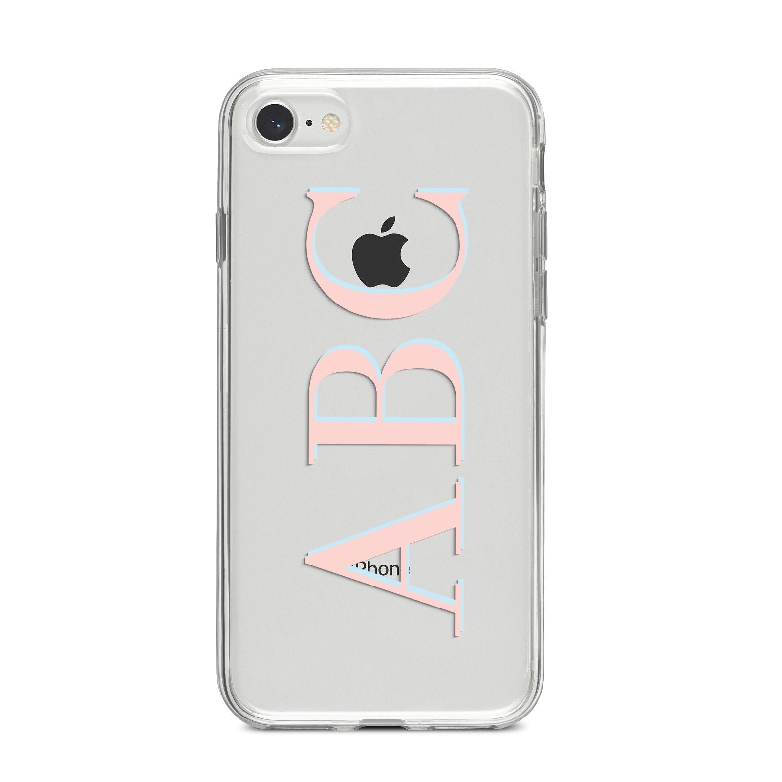 Personalised Pink Blue Side Initials Clear iPhone 8 Bumper Case on Silver iPhone