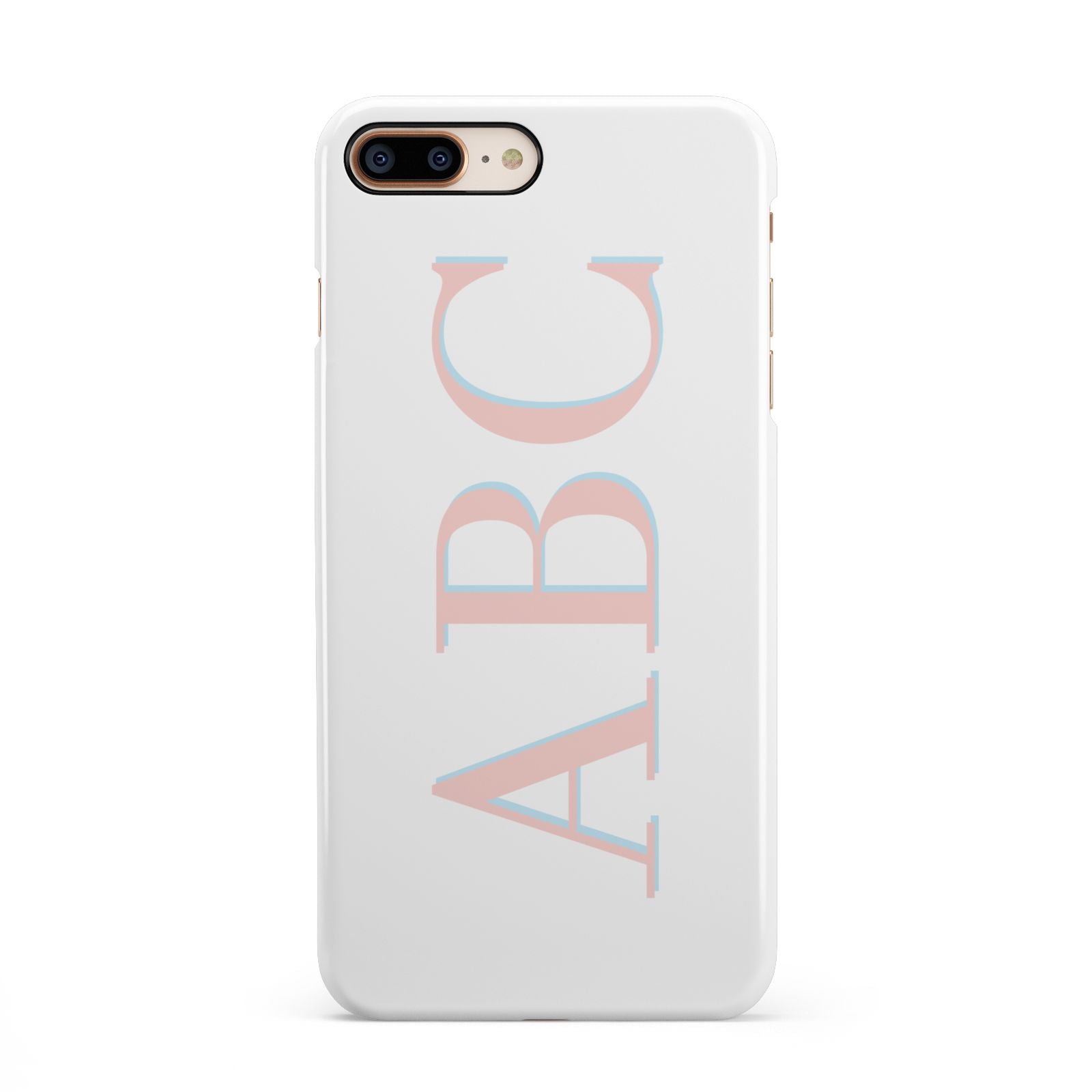 Personalised Pink Blue Side Initials Clear iPhone 8 Plus 3D Snap Case on Gold Phone