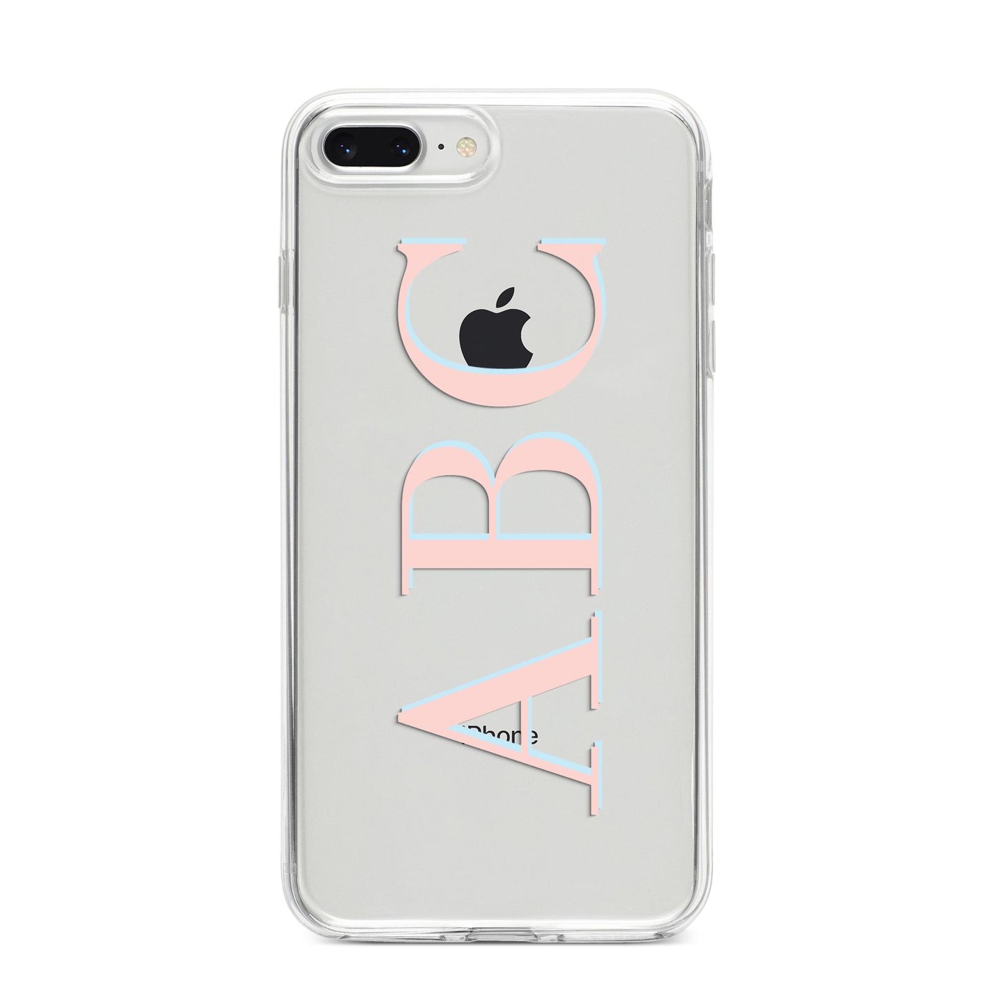 Personalised Pink Blue Side Initials Clear iPhone 8 Plus Bumper Case on Silver iPhone
